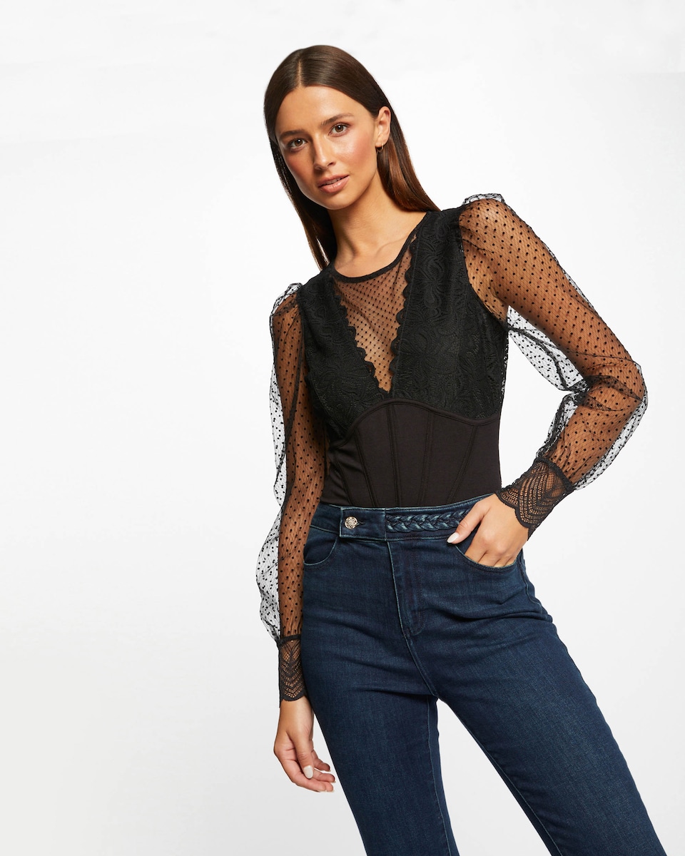 Morgan Body Negro Encaje Manga Larga Body Mujer Encaje Negro On Sale