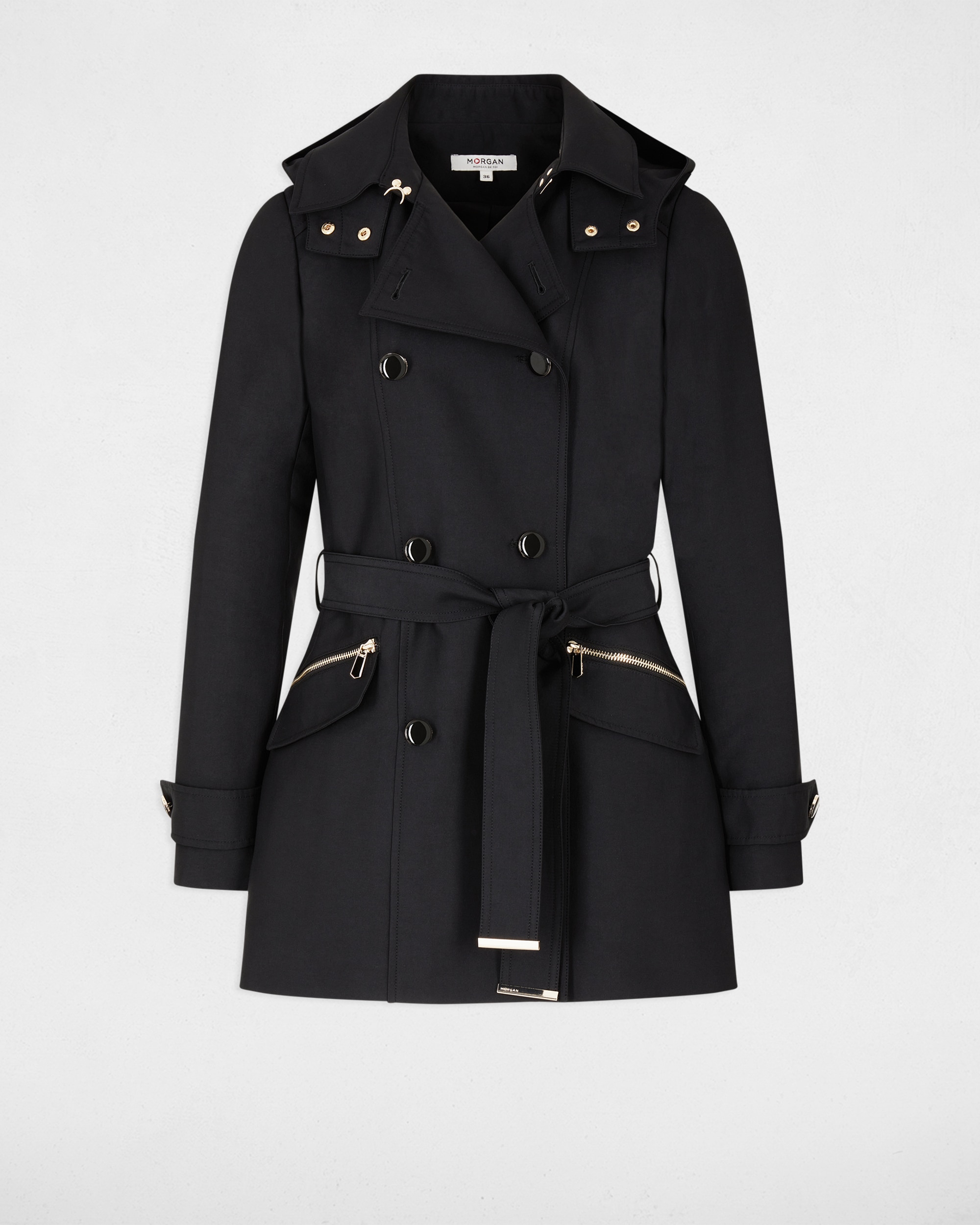 Gabardina de mujer entallada con cinturón y capucha - Morgan - Negro Negro-4