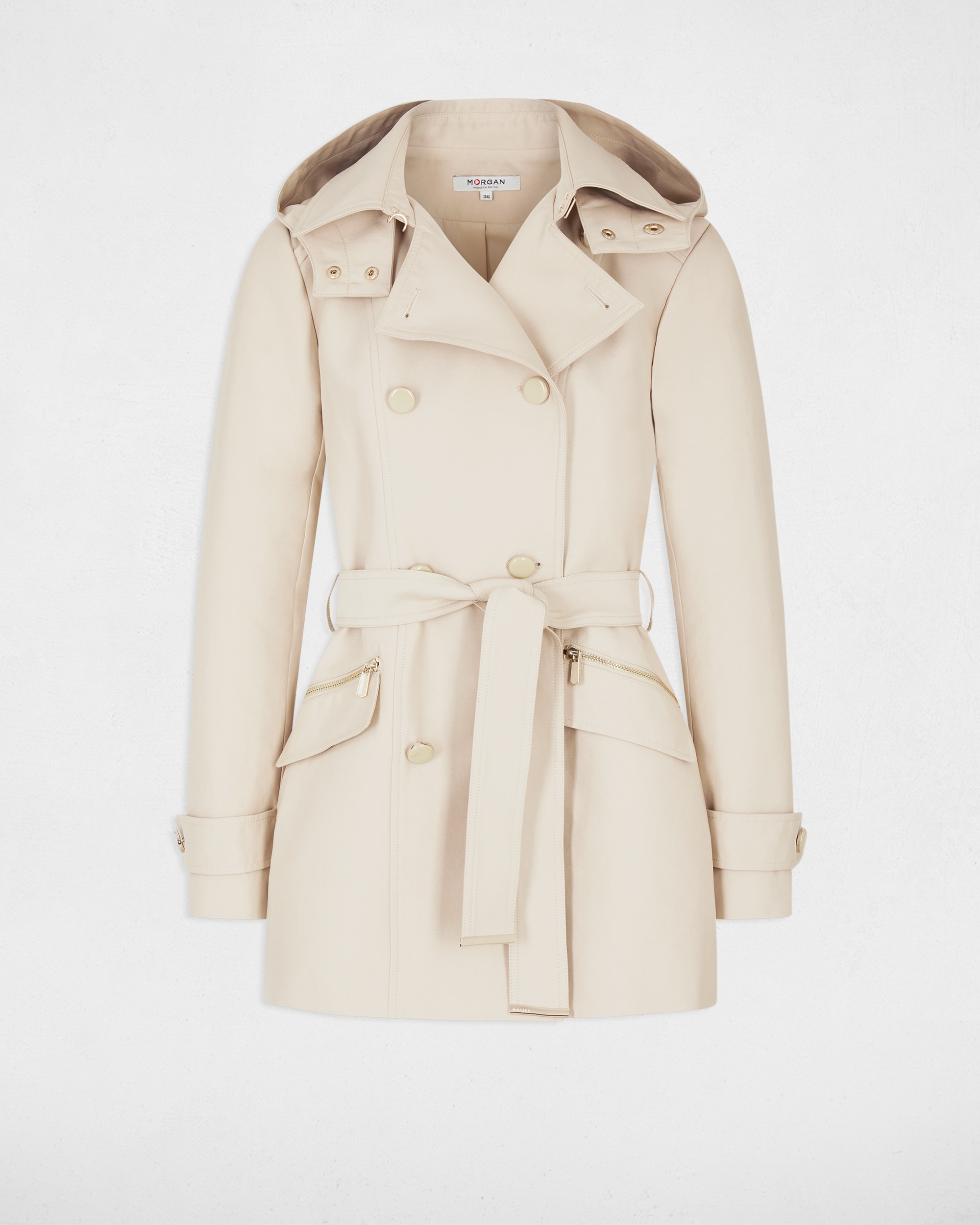 Gabardina de mujer entallada con cinturón y capucha - Morgan - Beige Beige-5