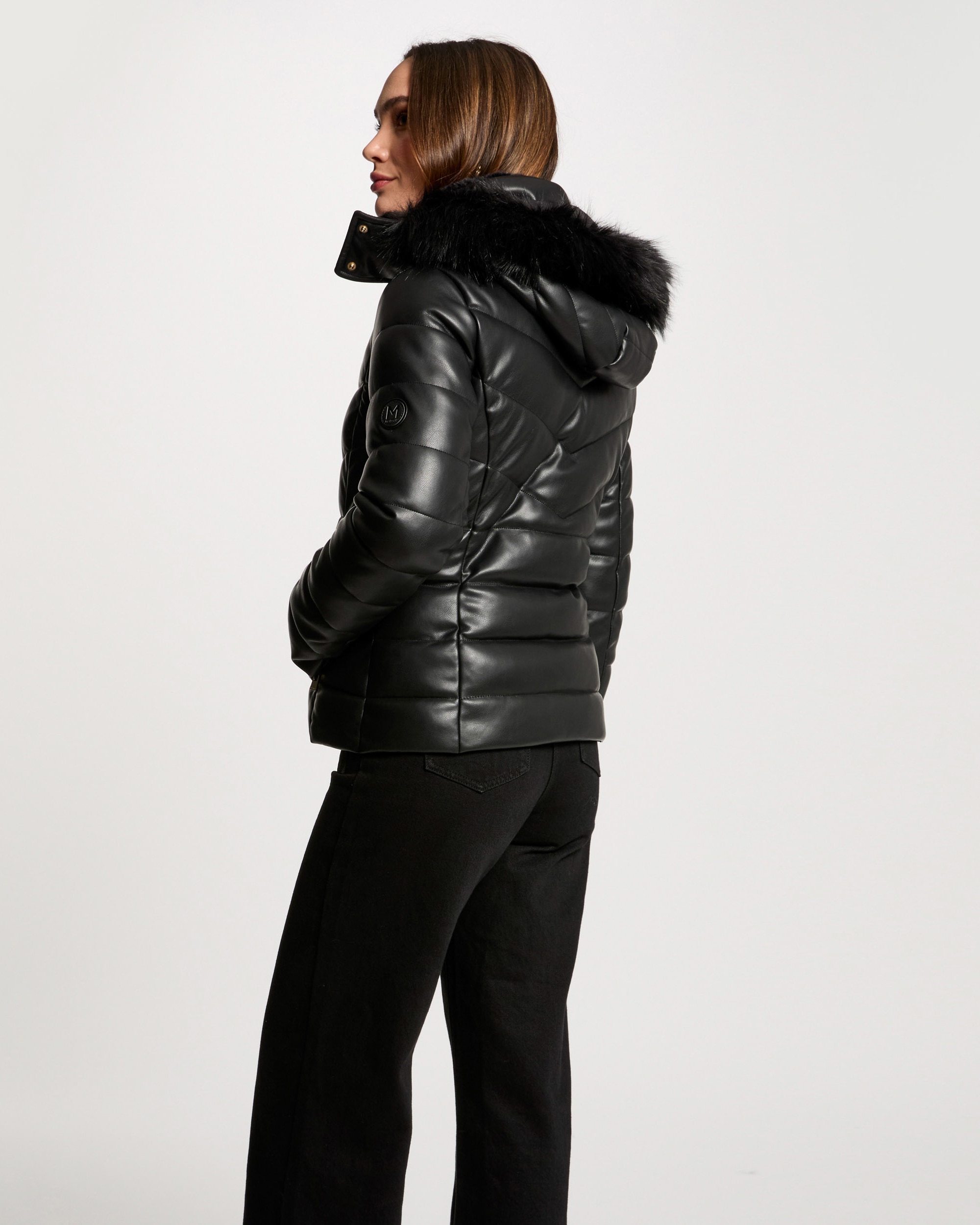 Plumón de mujer cuero sintético capucha - Morgan - Negro Negro-3