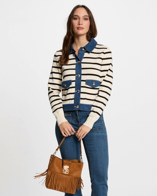 Imagen 0 de Cárdigan de mujer a rayas con apliques denim