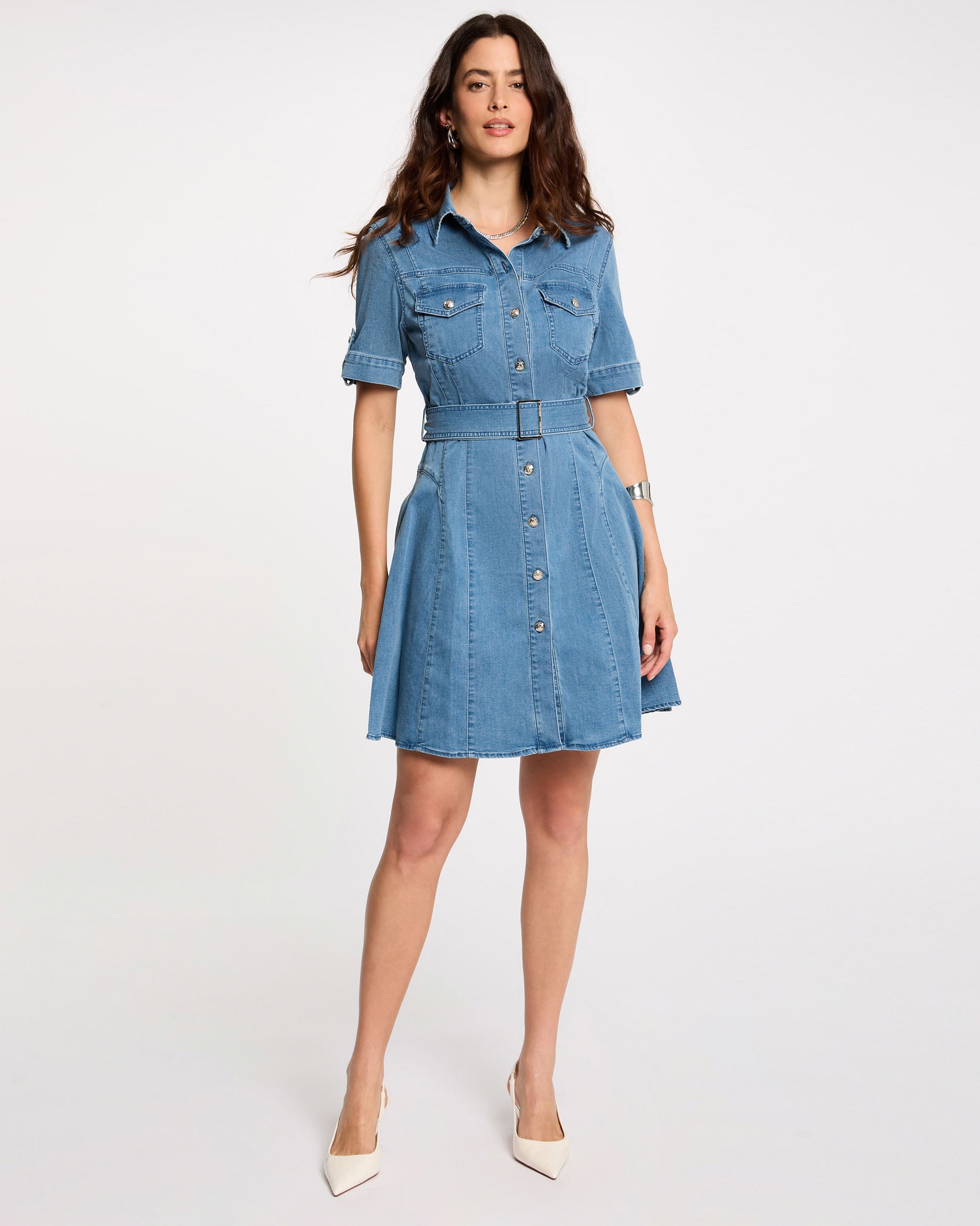 Vestido corto vaquero con cinturón - Morgan - Azul denim Azul denim-1