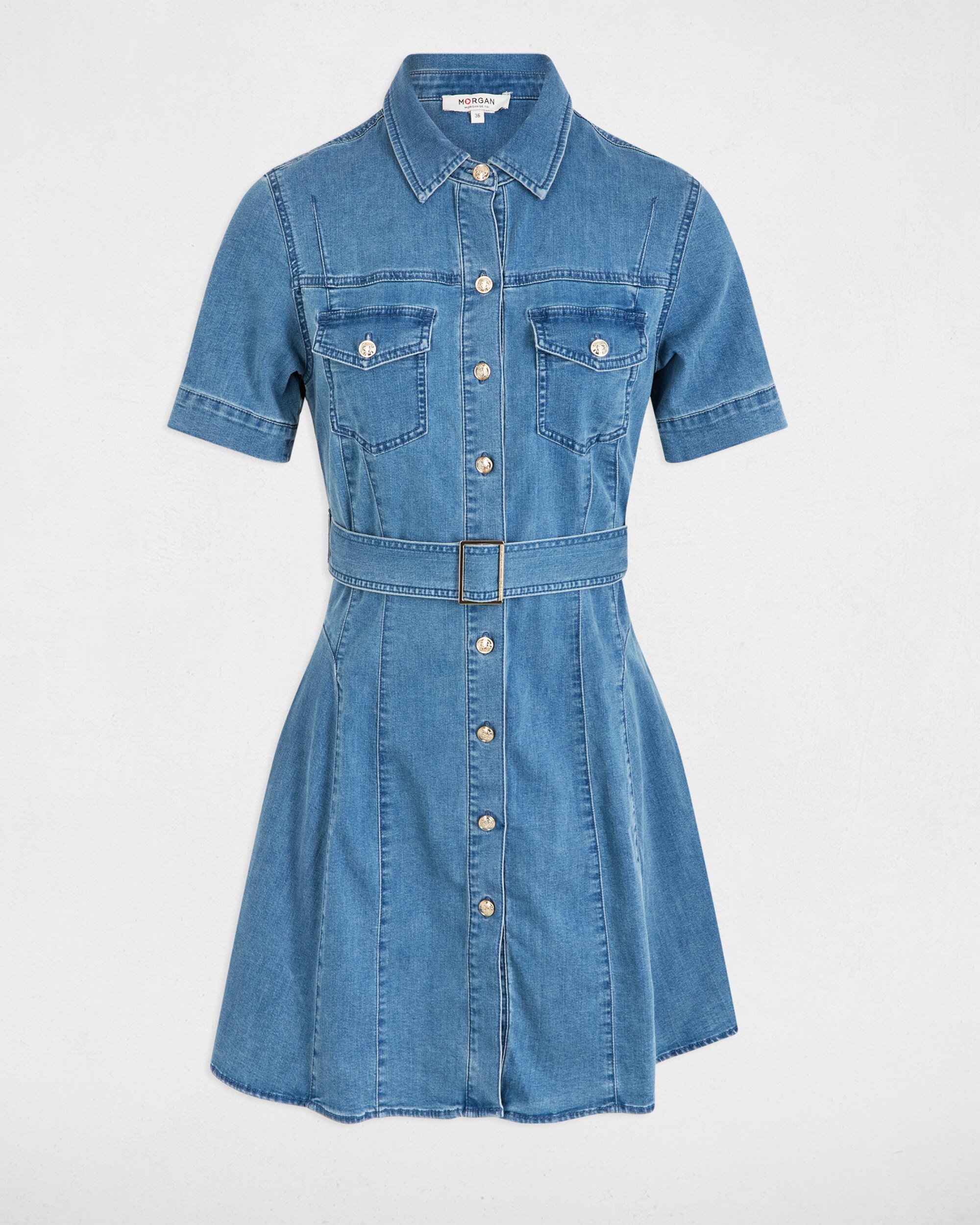 Vestido corto vaquero con cinturón - Morgan - Azul denim Azul denim-5