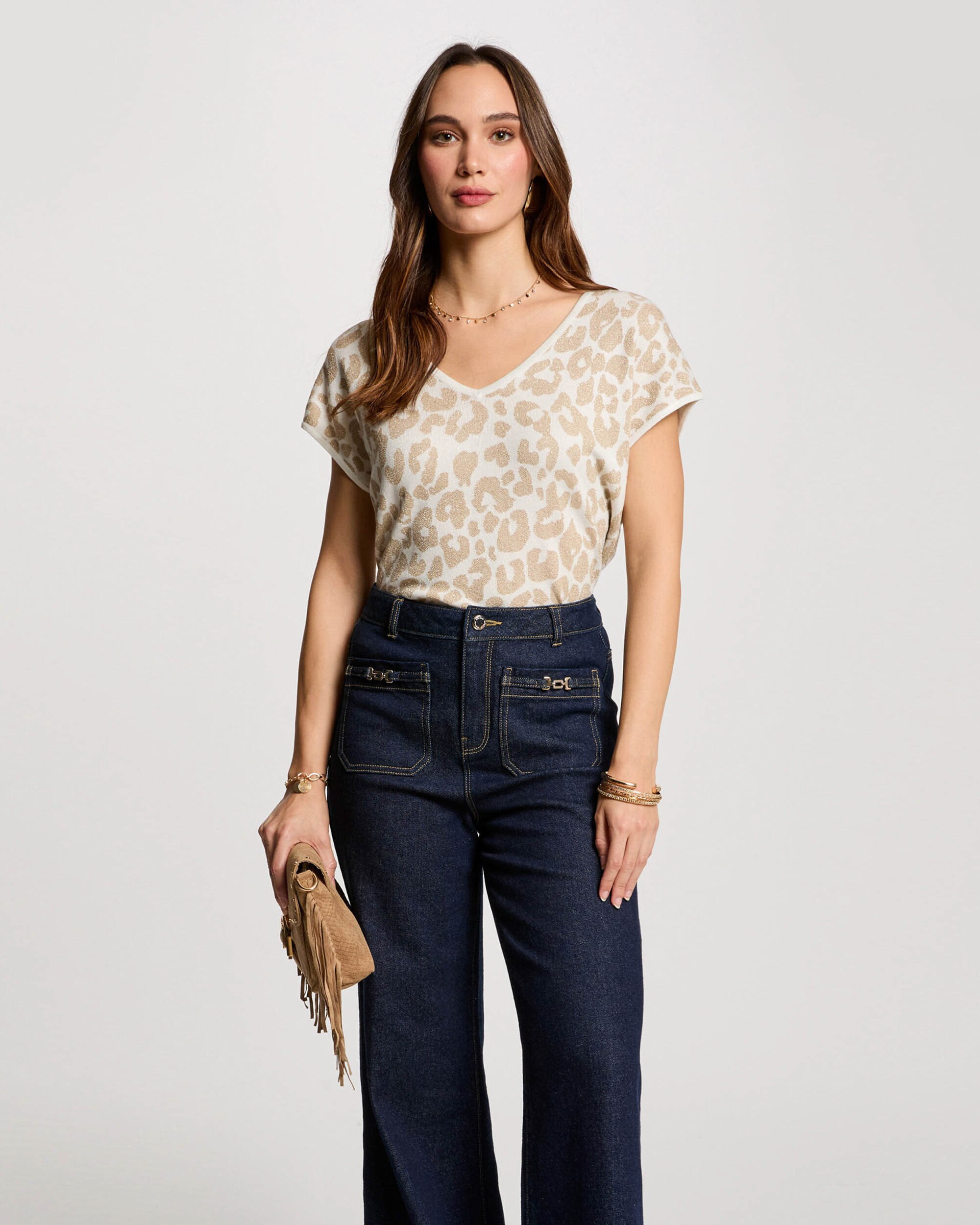 Jersey de mujer de manga corta estampado - Morgan - Beige Beige-1