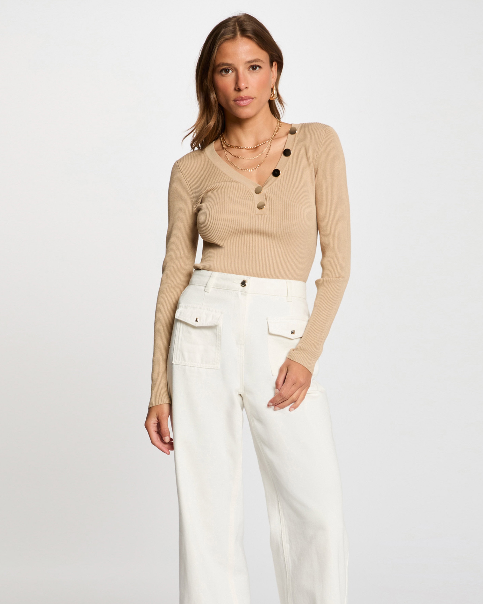 Jersey de mujer de manga larga punto fino botones - Morgan - Beige Beige-1