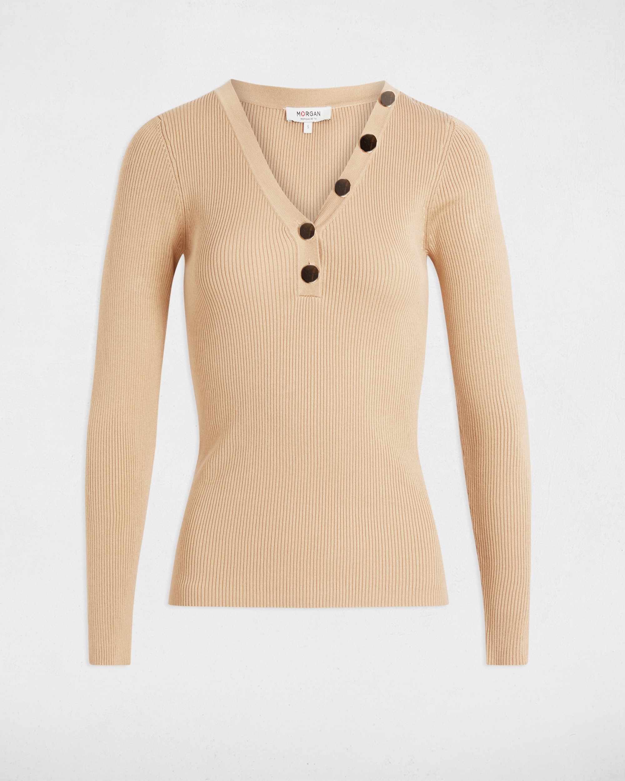Jersey de mujer de manga larga punto fino botones - Morgan - Beige Beige-5
