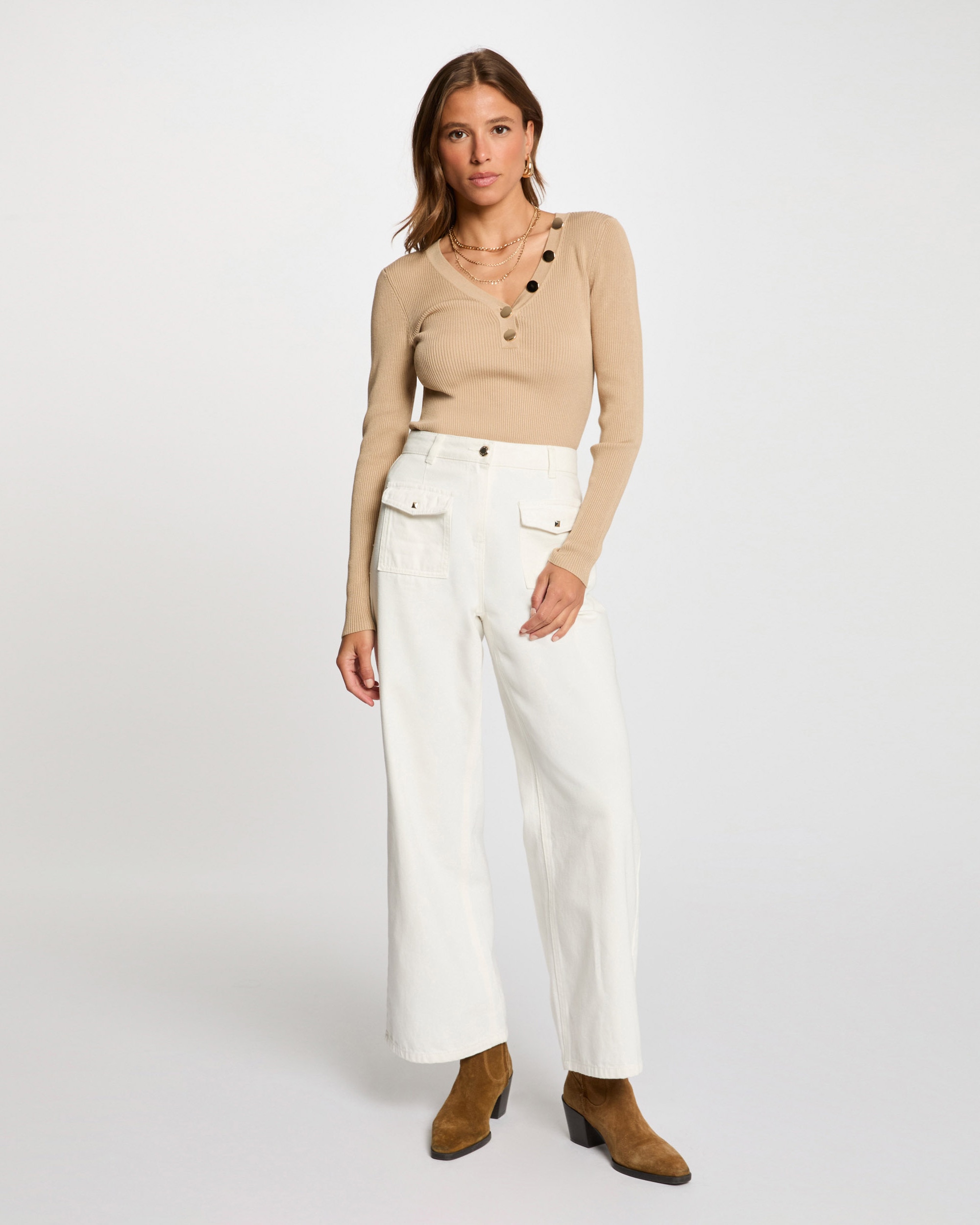Jersey de mujer de manga larga punto fino botones - Morgan - Beige Beige-3