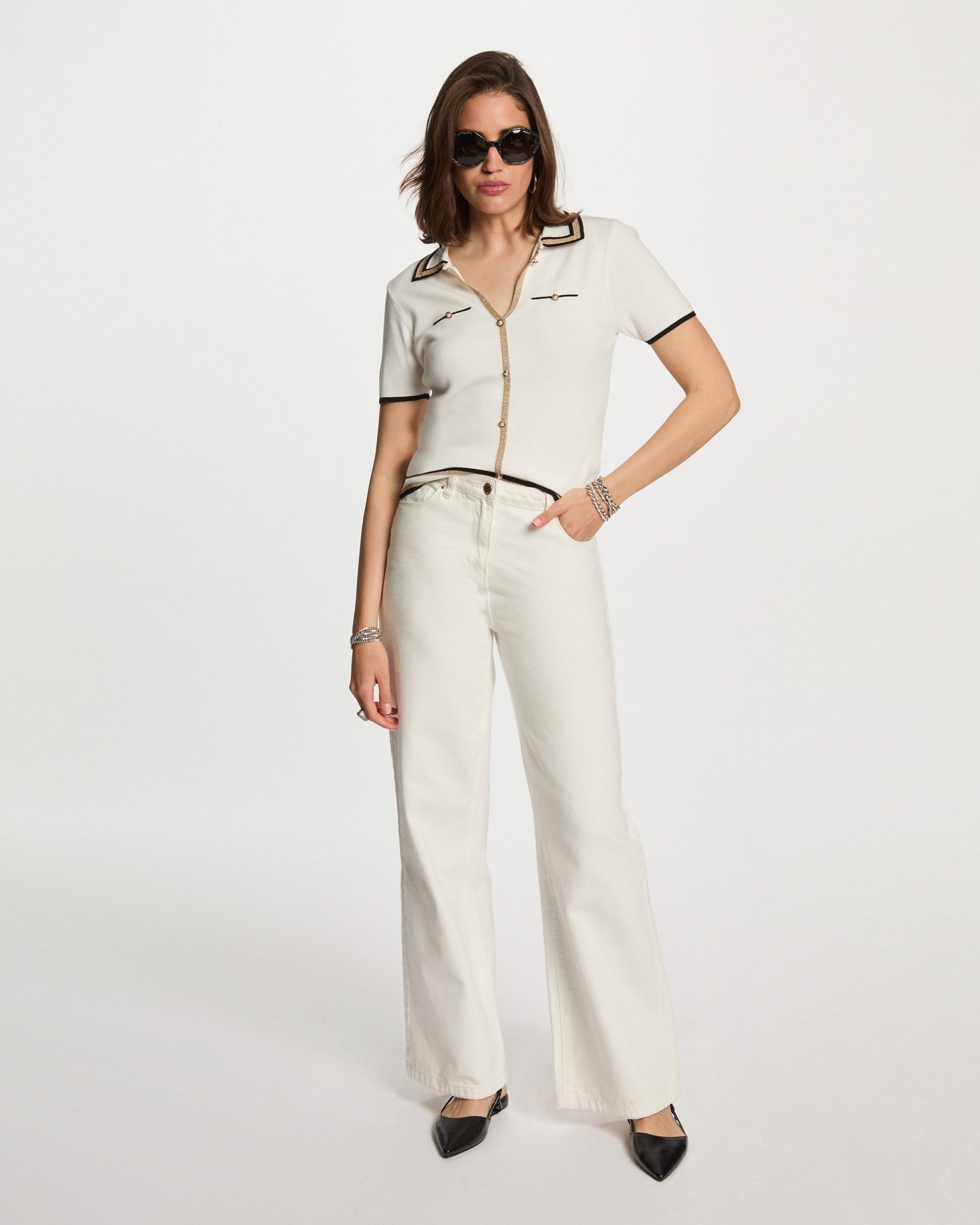 Jersey de mujer cuello tipo polo manga corta - Blanco Blanco-3