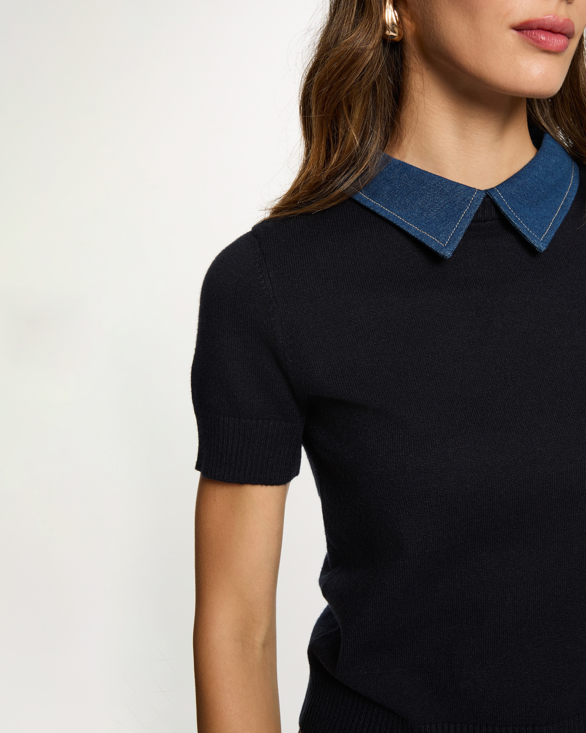 Jersey de mujer corto con cuello de camisa - Morgan - Negro Negro-4