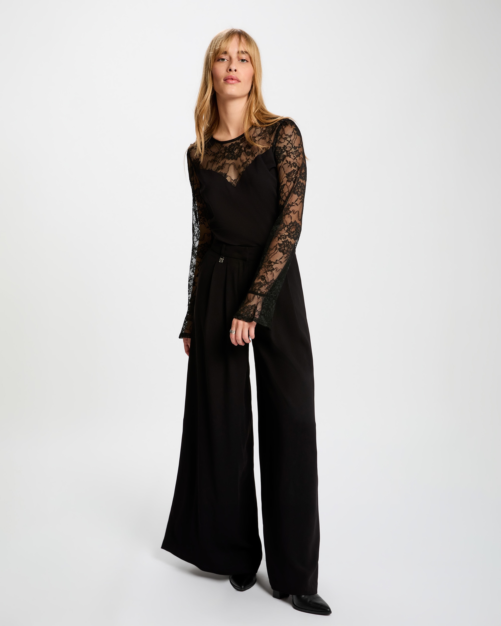 Camiseta de mujer entallada de encaje - Morgan - Negro Negro-3