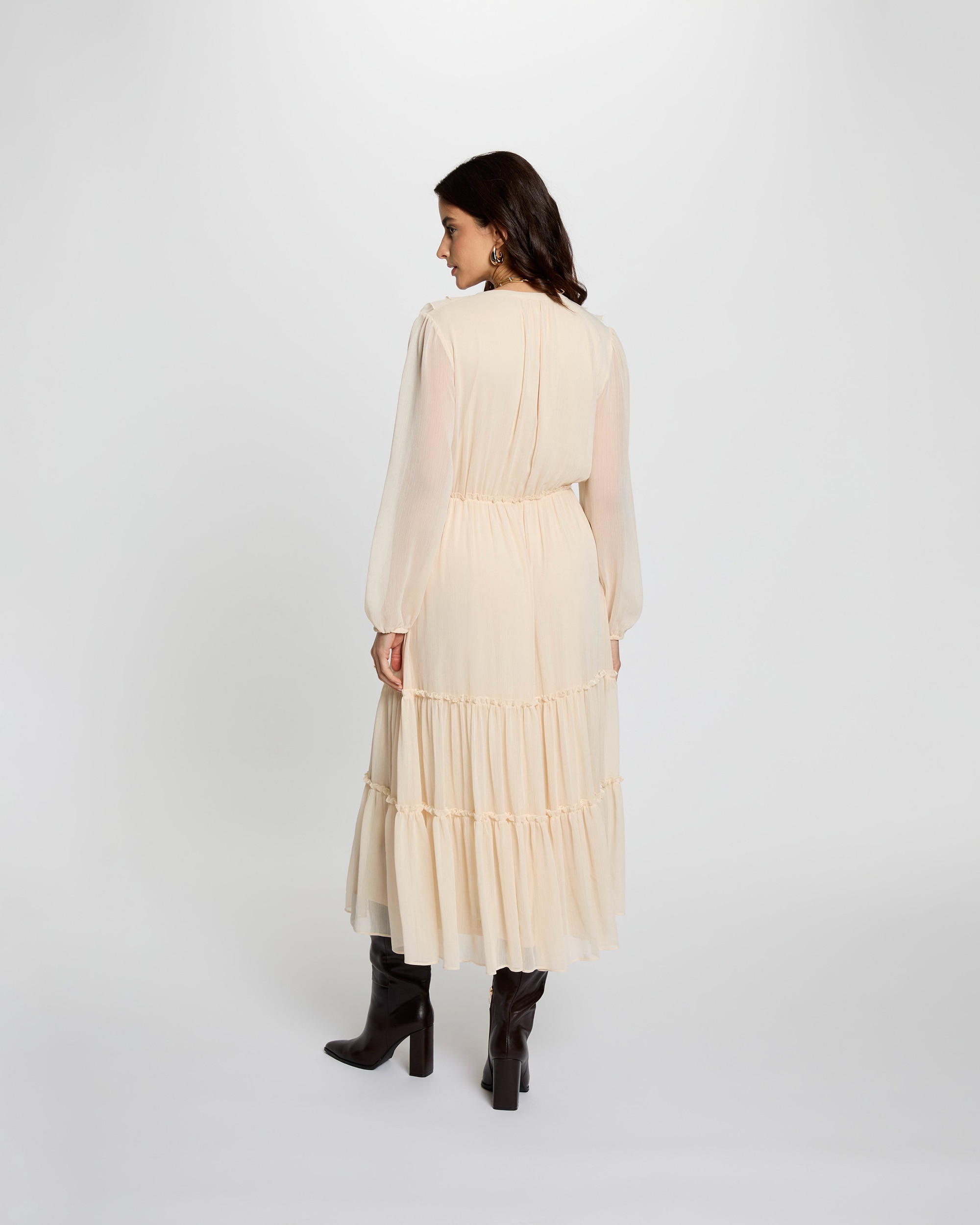 Vestido largo fluido con escote pico - Morgan - Burdeos Crema-2
