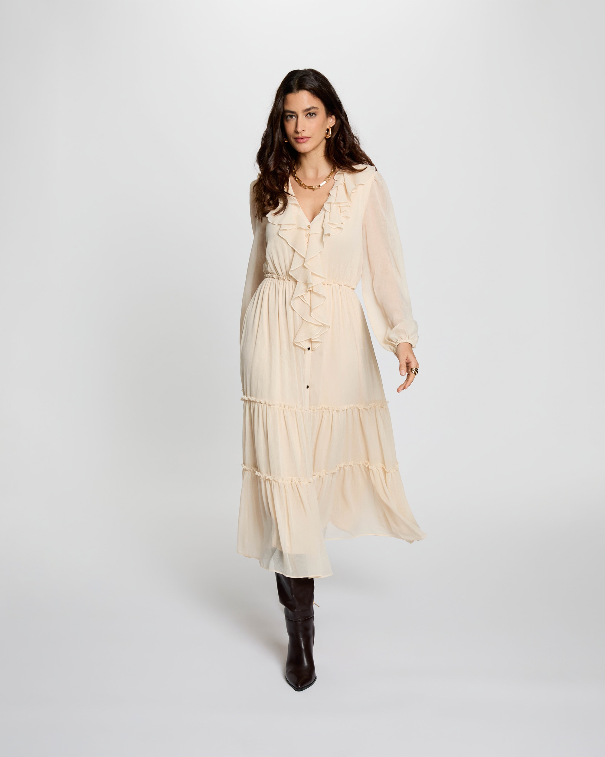 Vestido largo fluido con escote pico - Morgan - Burdeos Crema-3