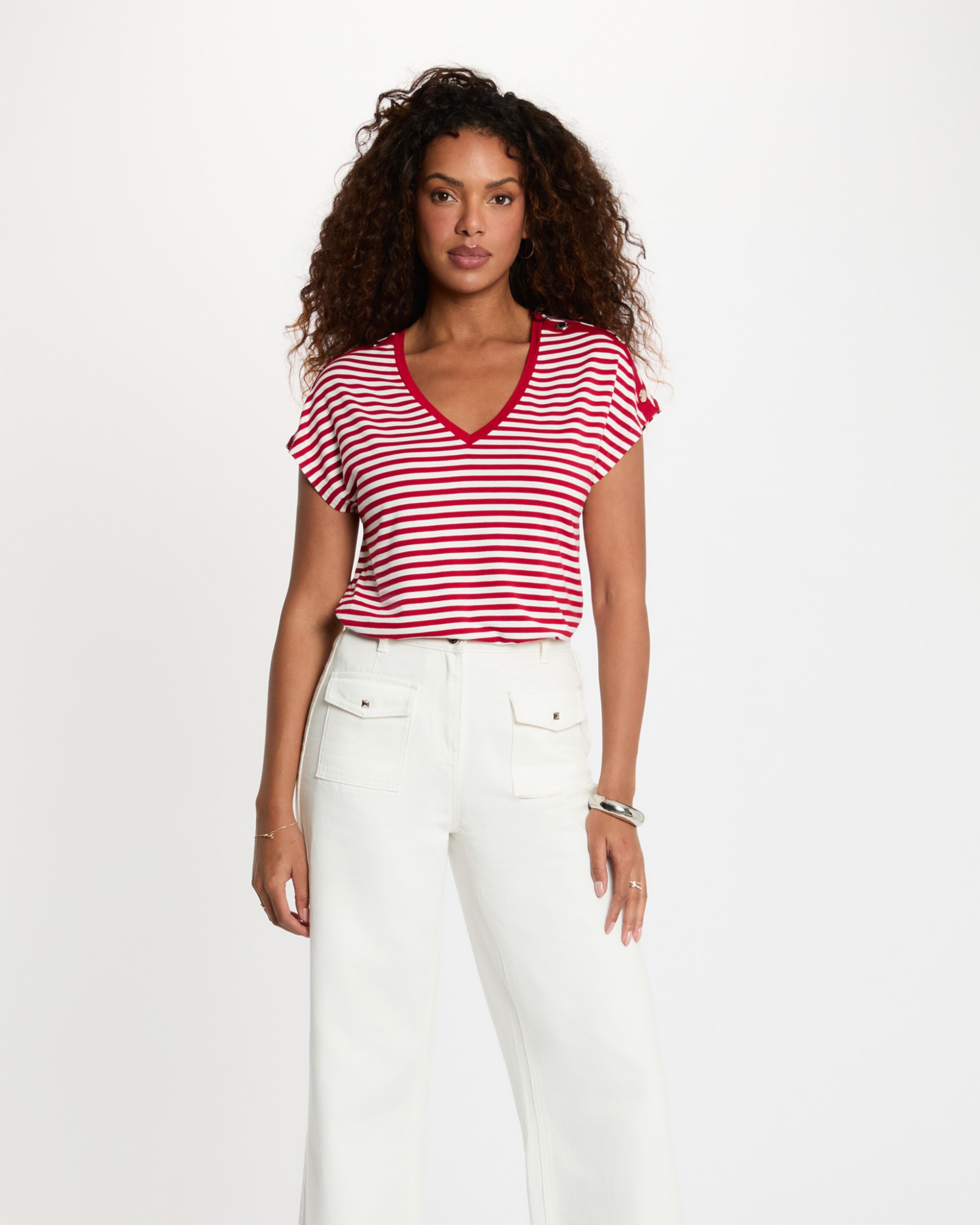 Morgan - Camiseta de mujer de rayas con escote pico.