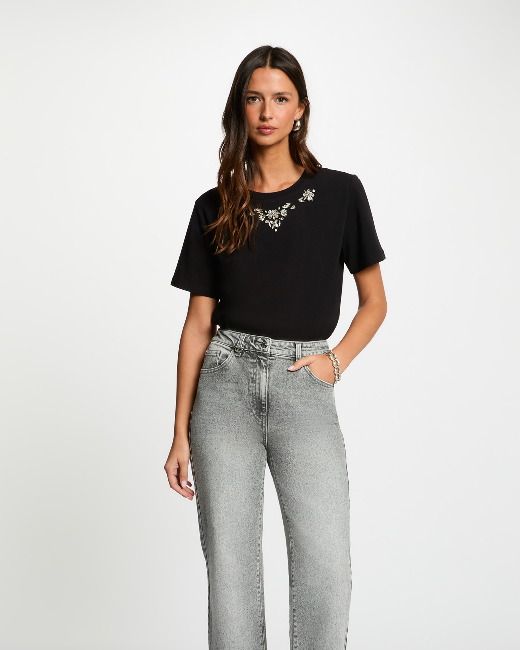 Morgan - Camiseta de mujer de strass manga corta.