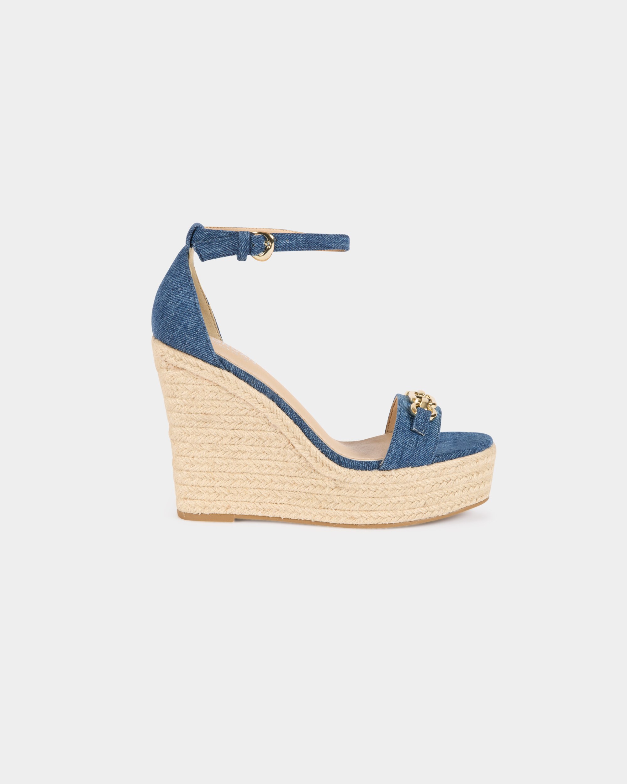 Morgan - Sandalias de tiras de cuña de mujer efecto denim en color azul.
