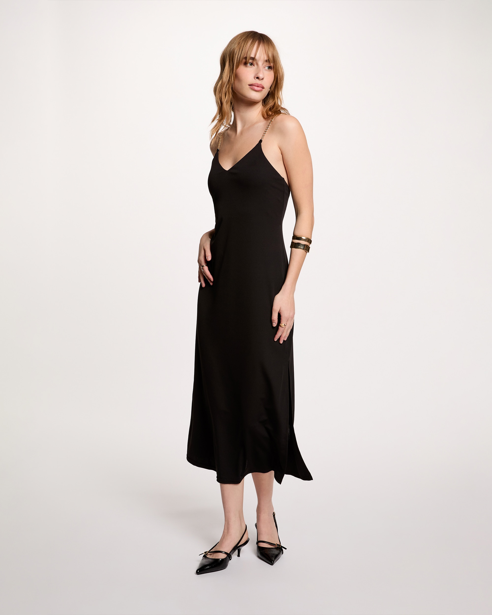 Morgan - Vestido midi con tirantes de cadena.