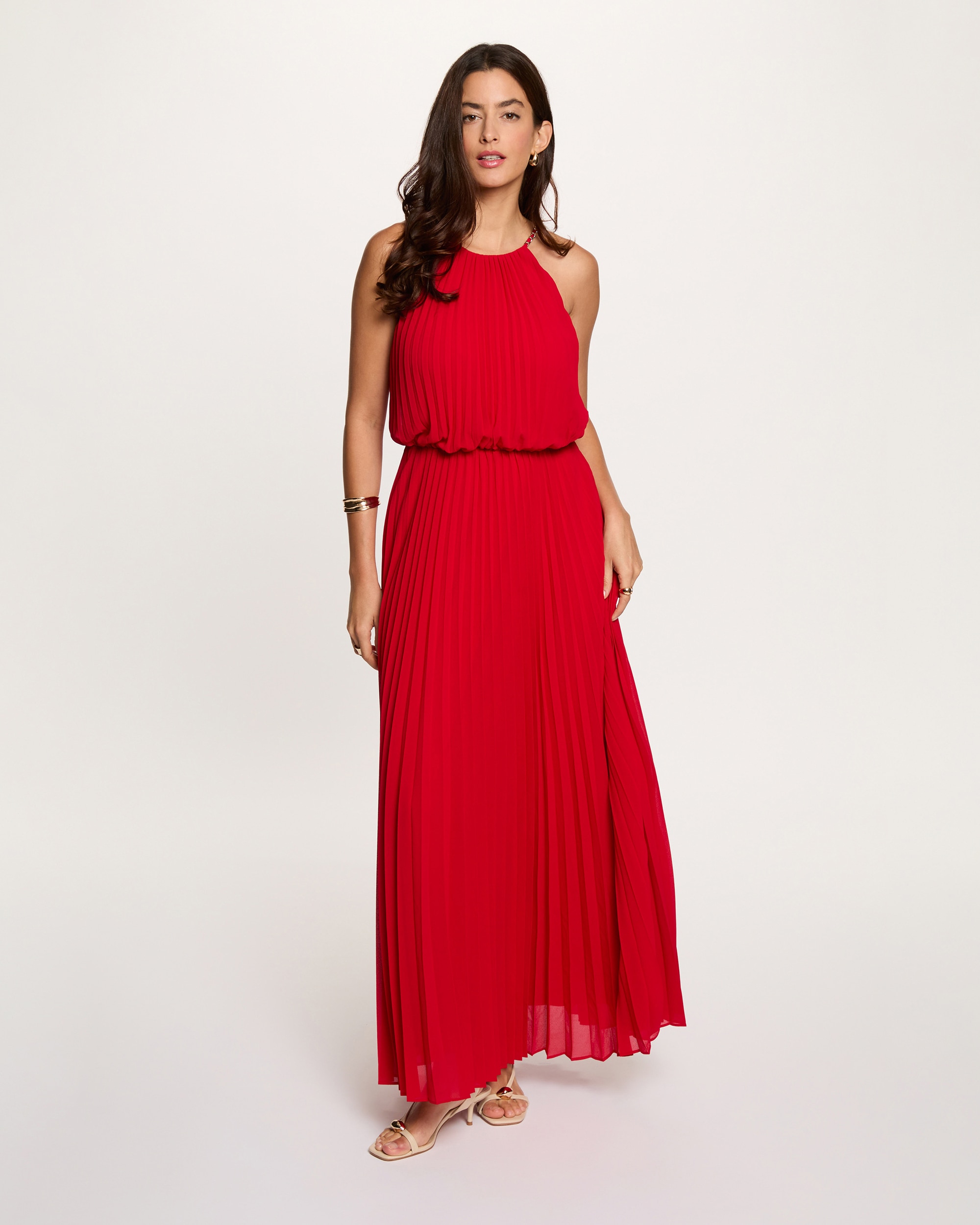 Morgan - Vestido largo plisado con escote redondo.