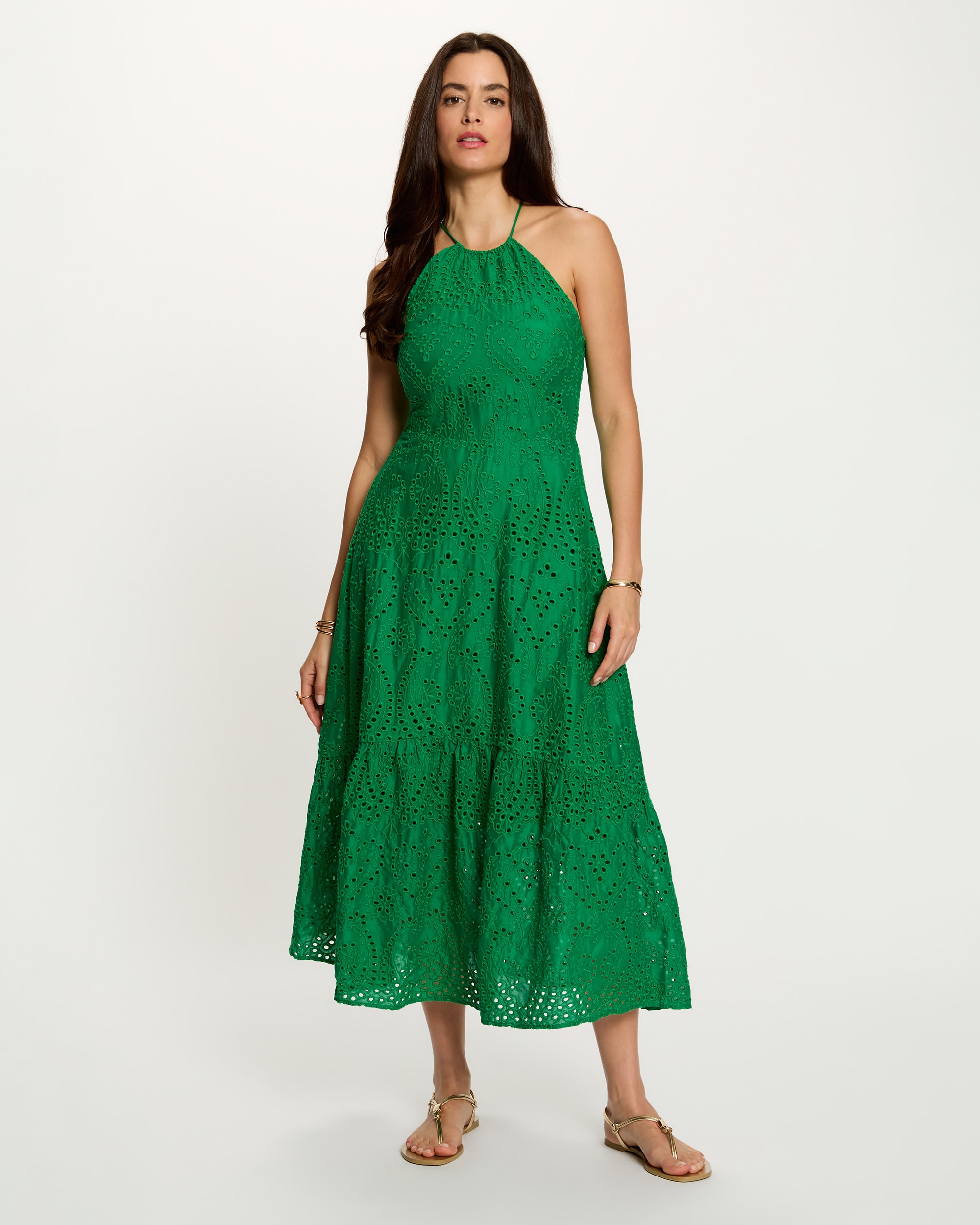 Vestido largo con bordado inglés - Morgan - Verde Verde-1