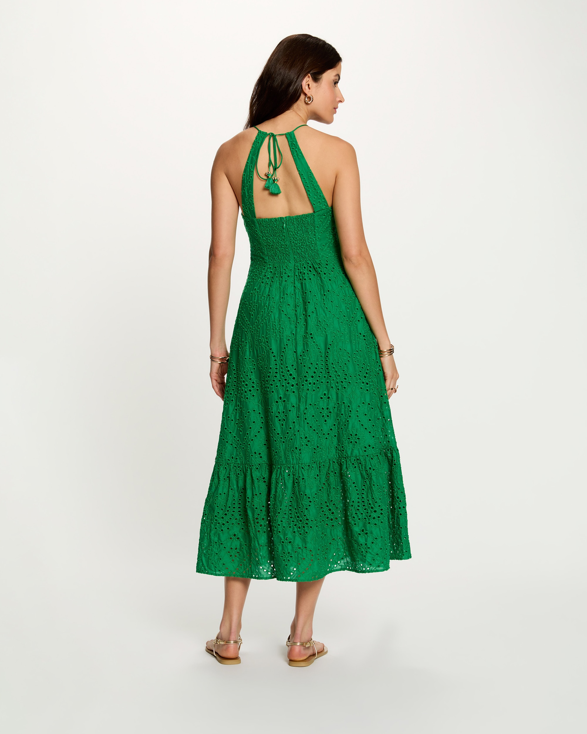 Vestido largo con bordado inglés - Morgan - Verde Verde-3