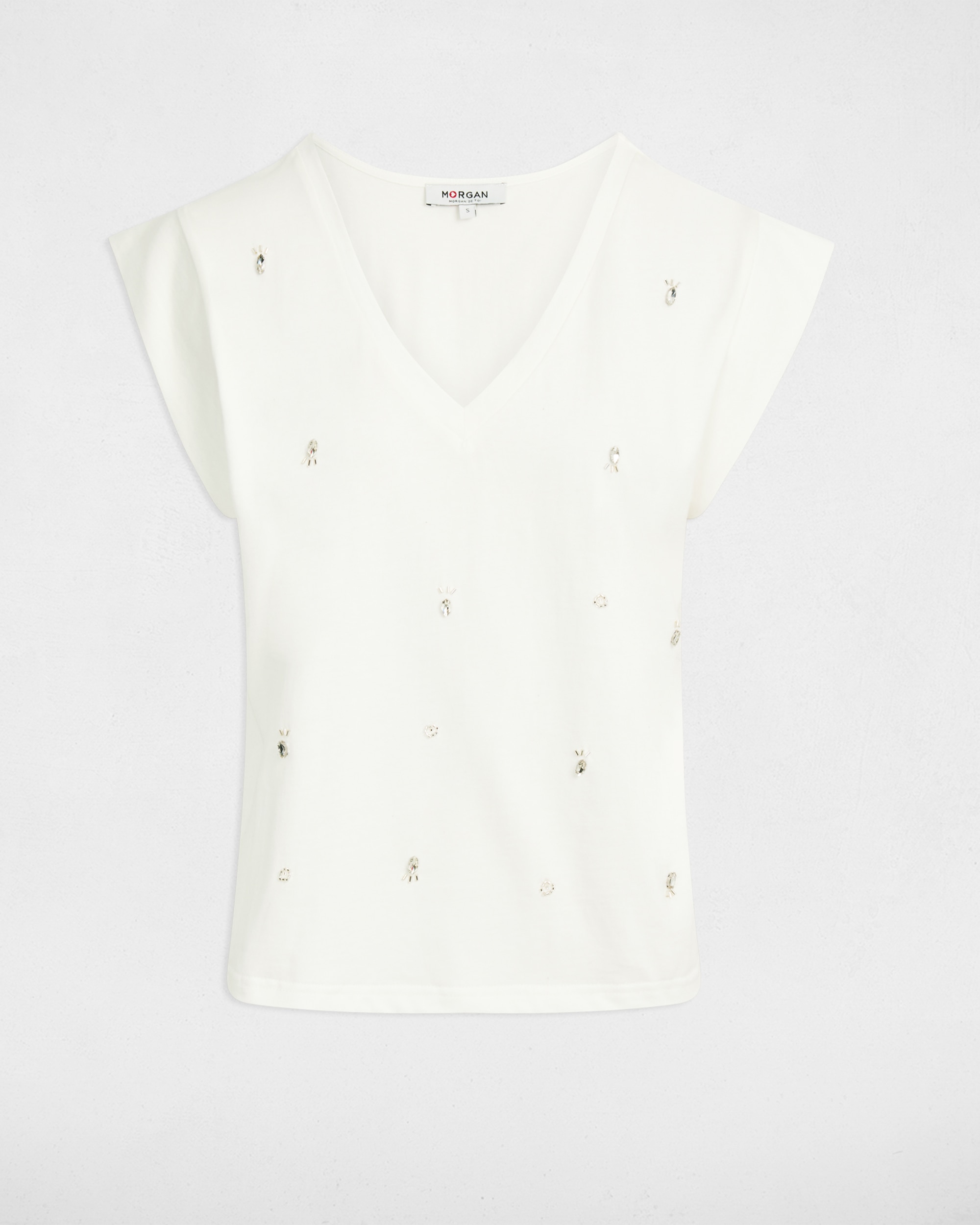 Camiseta de mujer de manga corta con escote pico - Morgan - Blanco Blanco-5