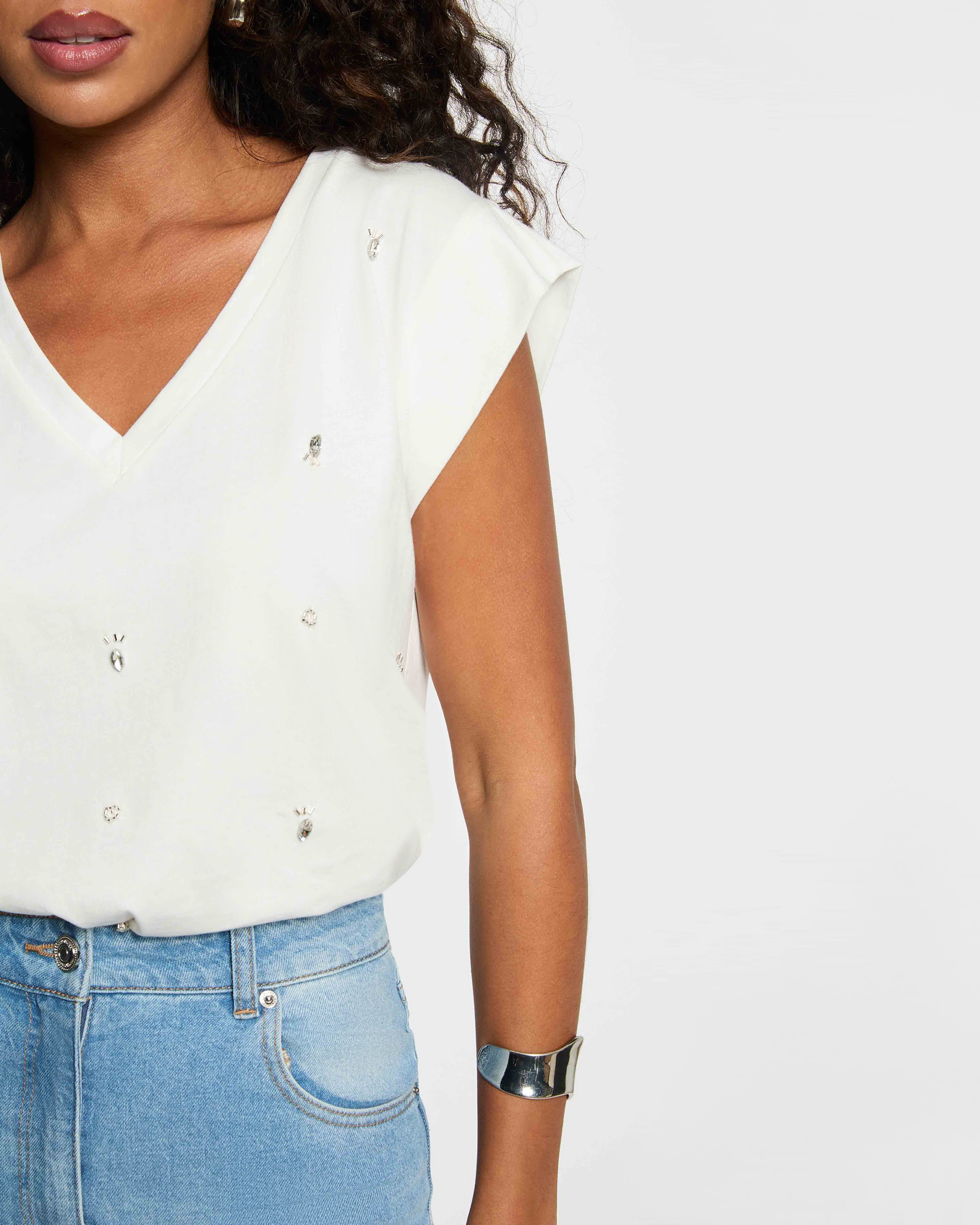 Camiseta de mujer de manga corta con escote pico - Morgan - Blanco Blanco-4