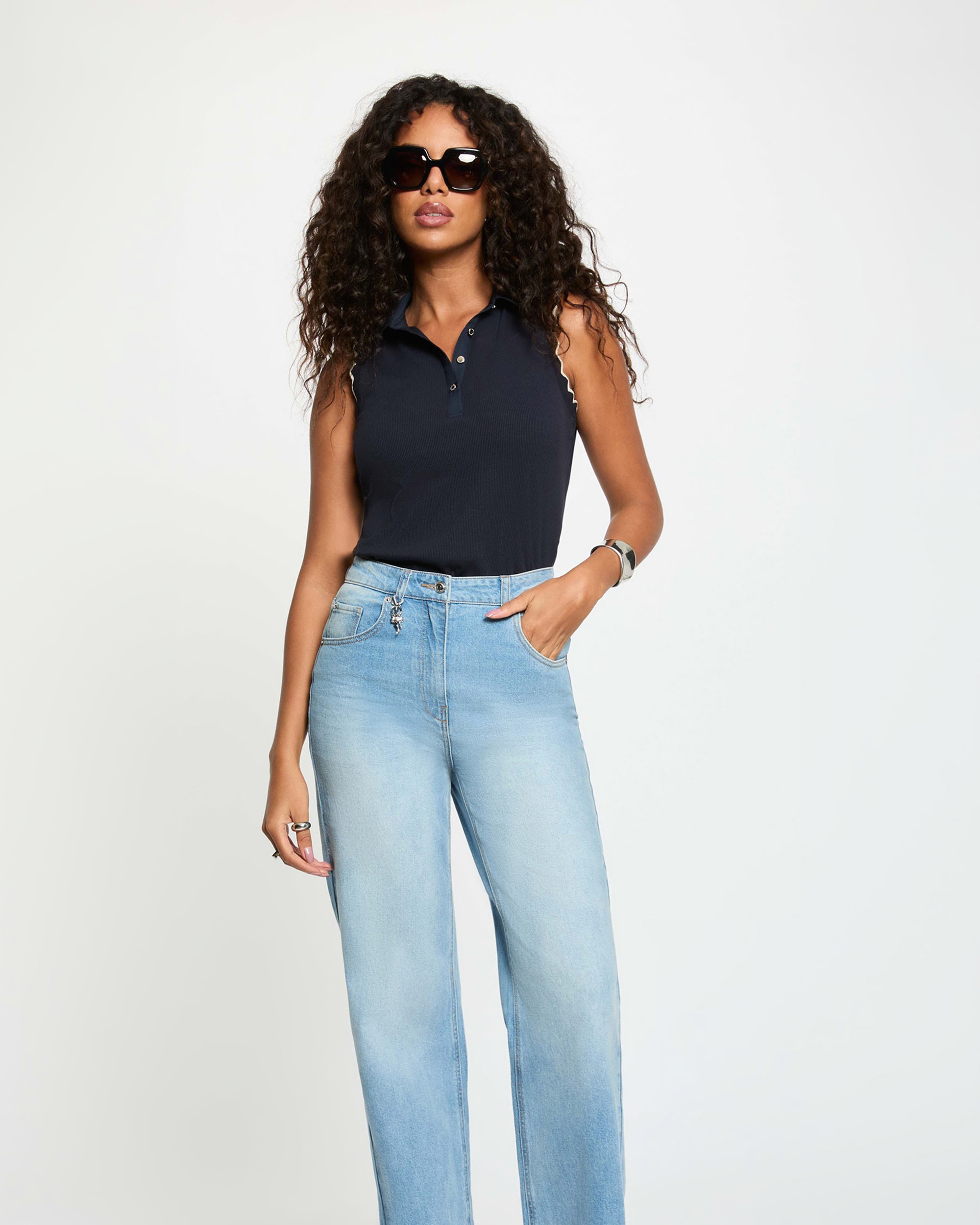 Top de mujer sin mangas con cuello polo - Morgan - Blanco Azul marino-1