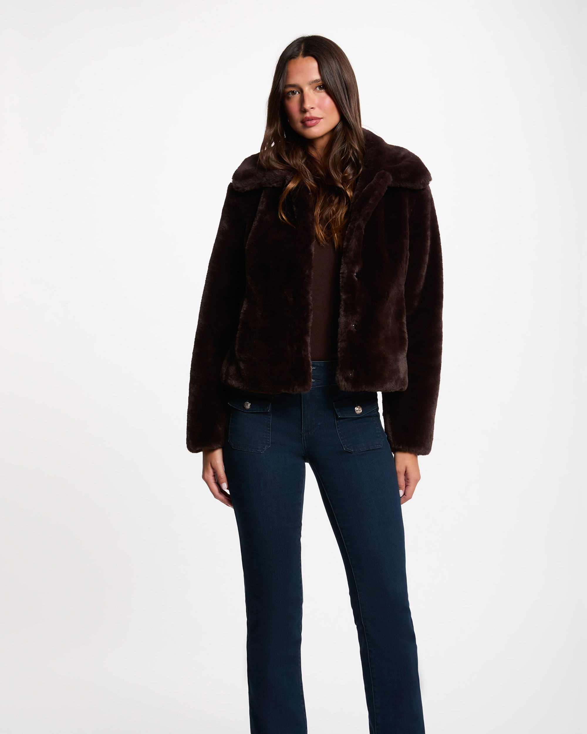 Chaqueta de mujer corta de pelo sintético - Morgan - Marrón Marrón-1