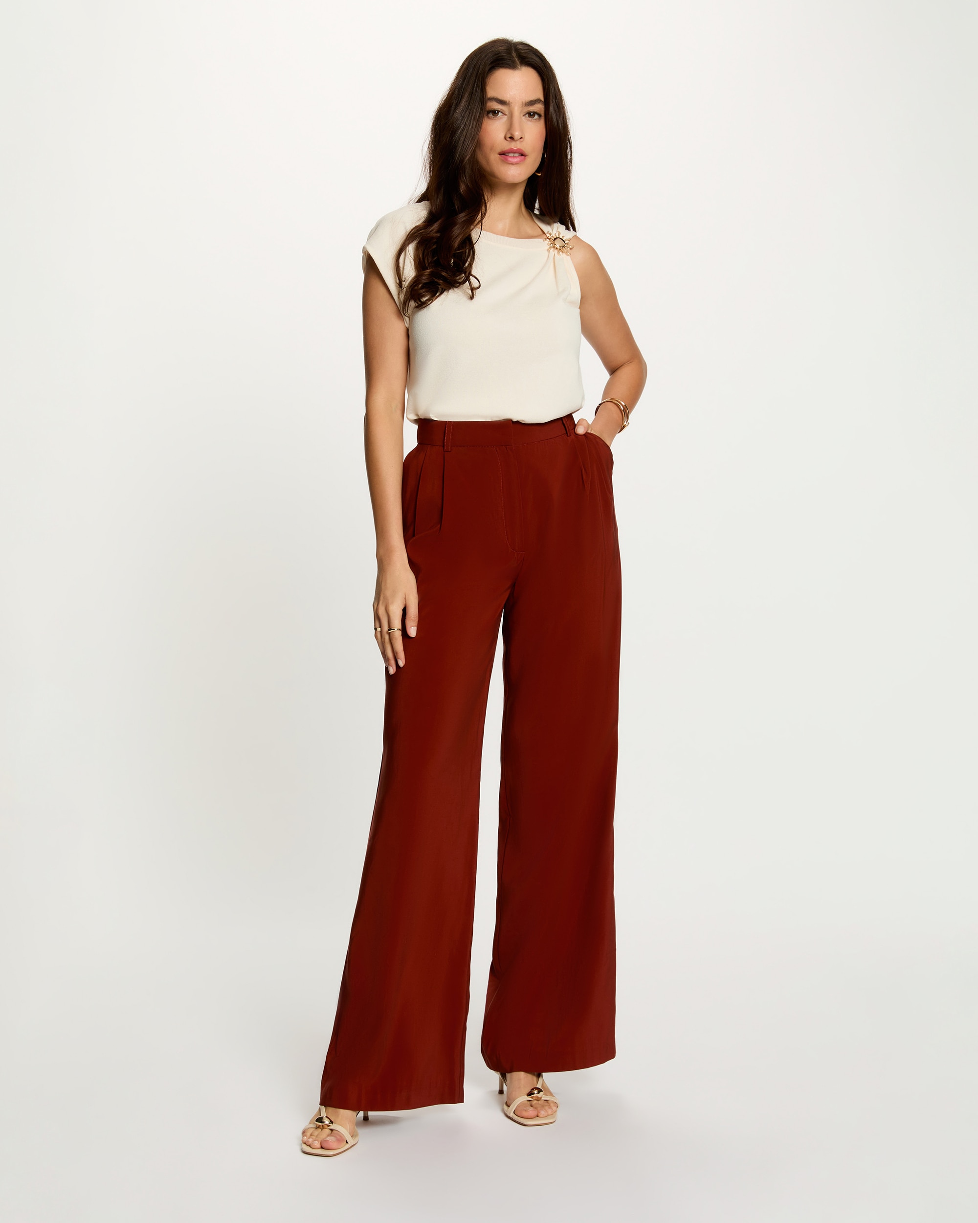 Pantalón de mujer ancho de tiro alto de antelina - Morgan - Marrón Marrón-4
