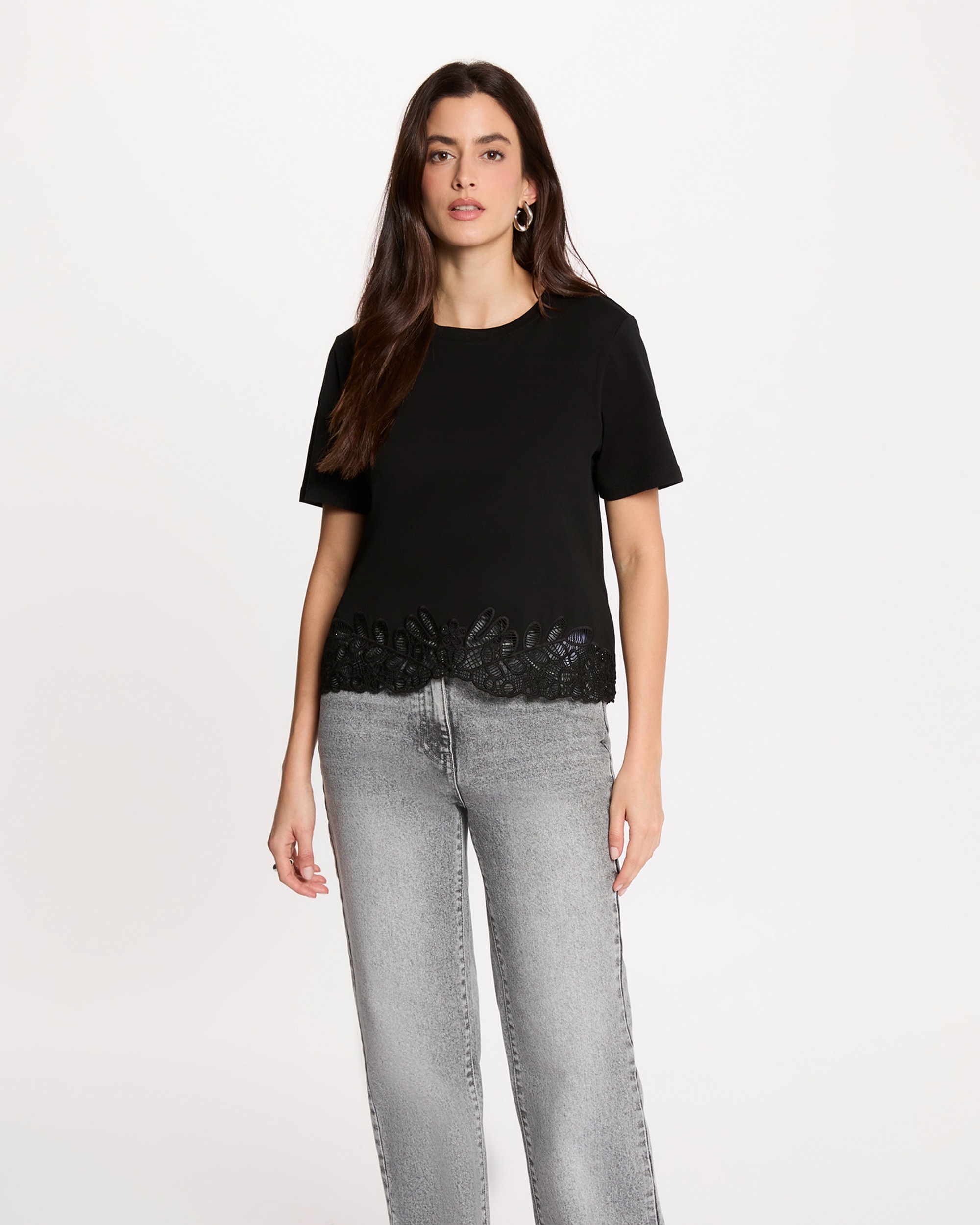Camiseta de mujer bordada cuello redondo - Morgan - Negro Negro-1