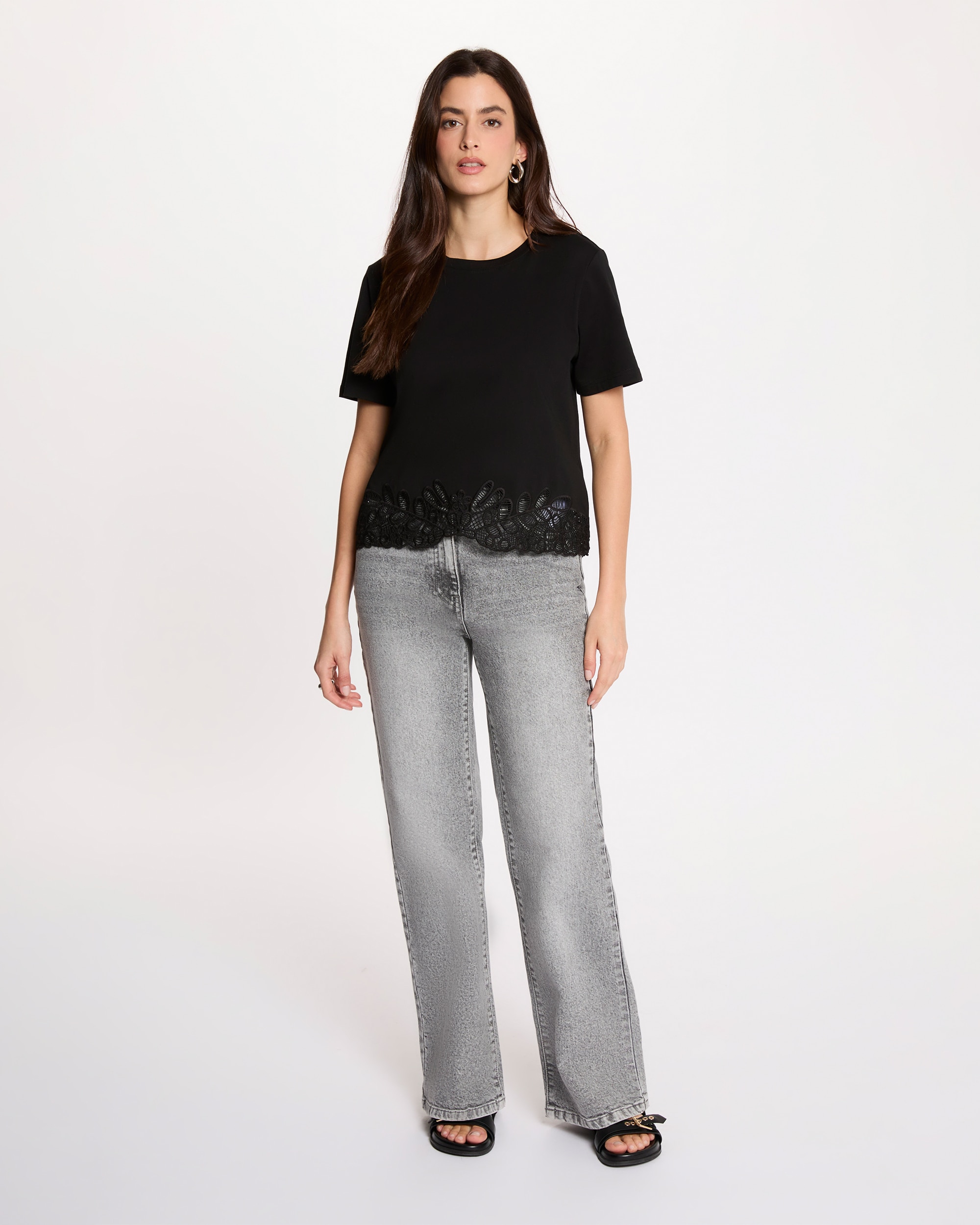 Camiseta de mujer bordada cuello redondo - Morgan - Negro Negro-4