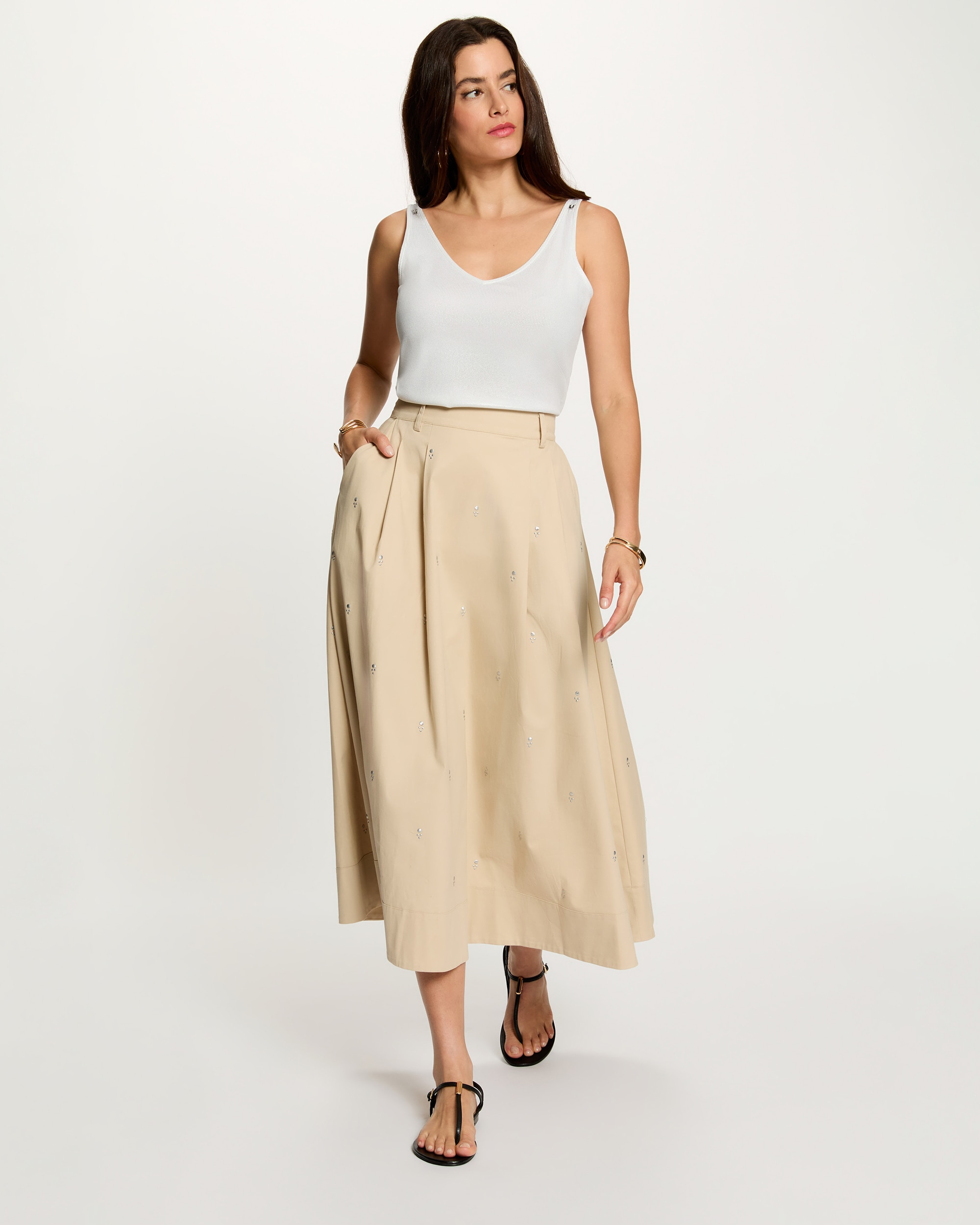 Falda larga de cintura alta con tachuelas - Morgan - Beige Beige-3