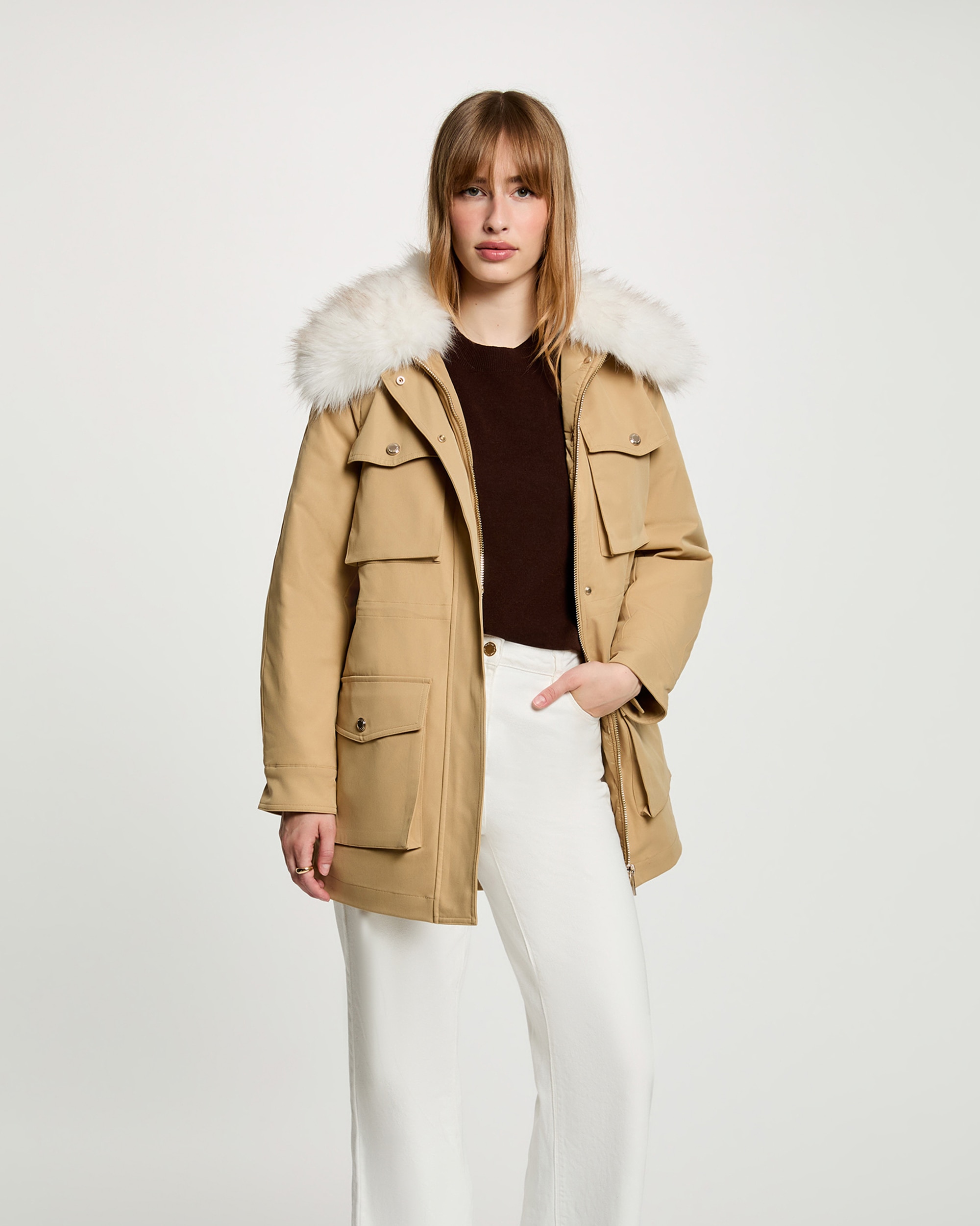 Parka de mujer con capucha de pelo - Morgan - Beige Beige-1