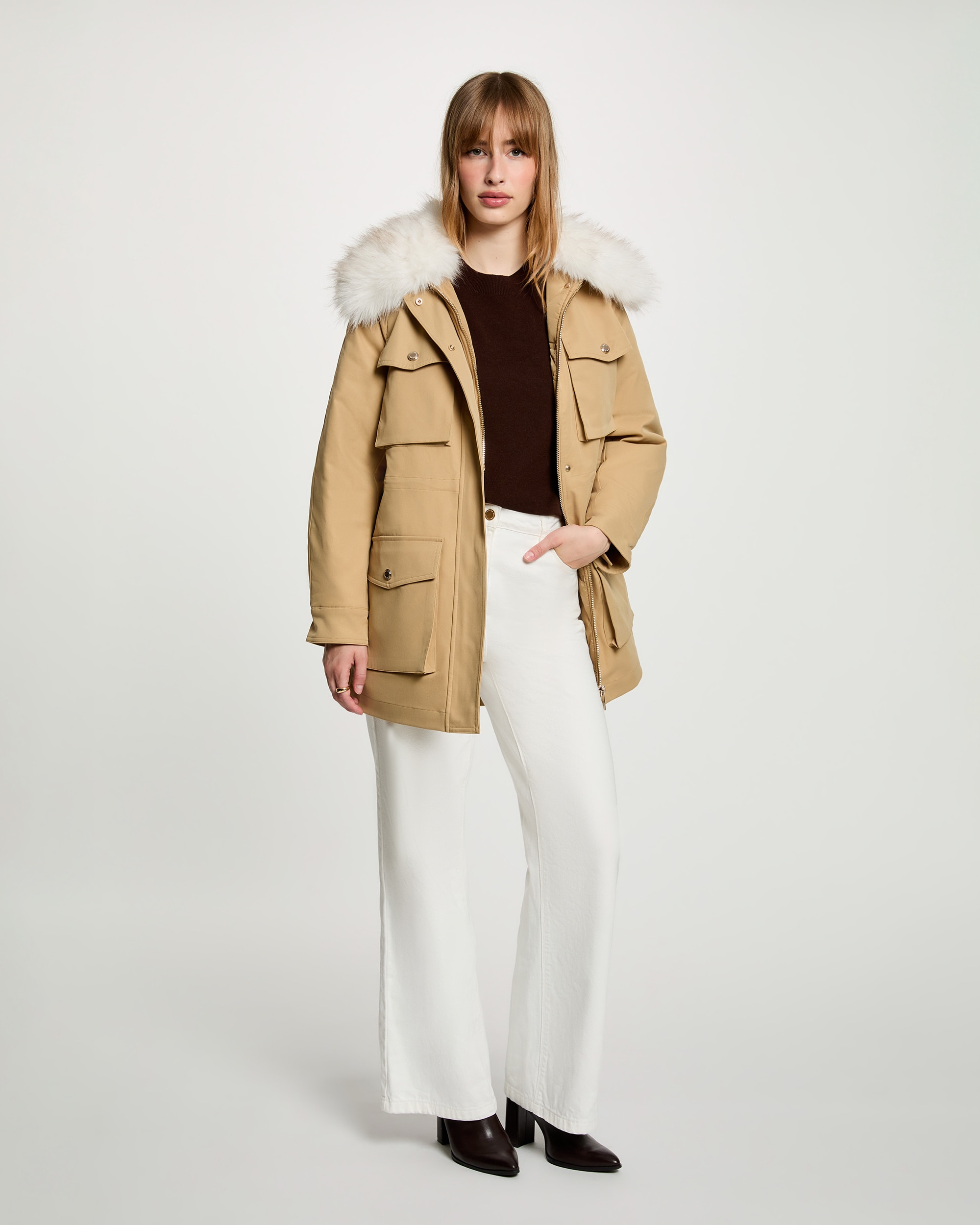 Parka de mujer con capucha de pelo - Morgan - Beige Beige-3