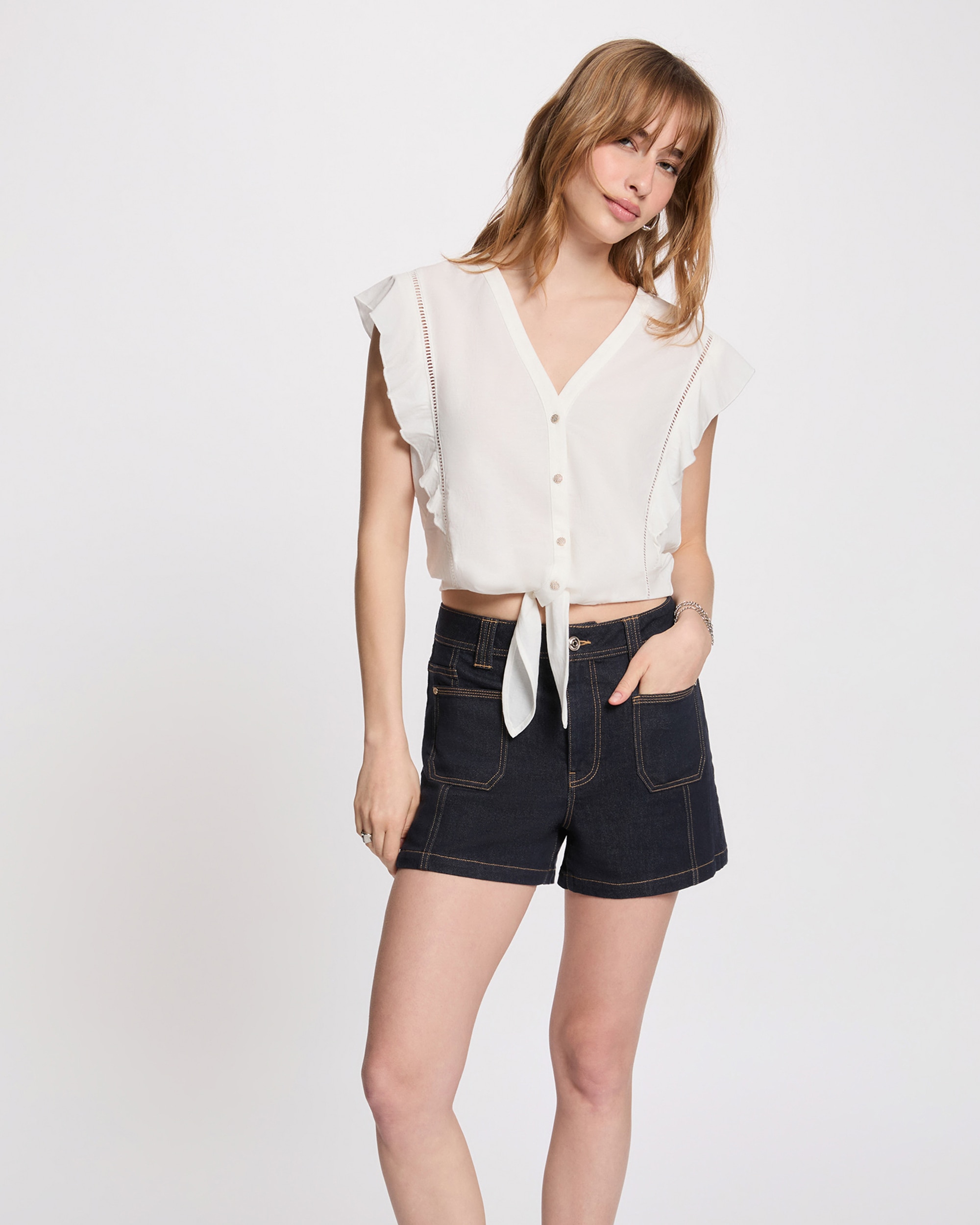 Imagen 1 de Camisa de mujer anudada escote pico - Morgan - Blanco Blanco