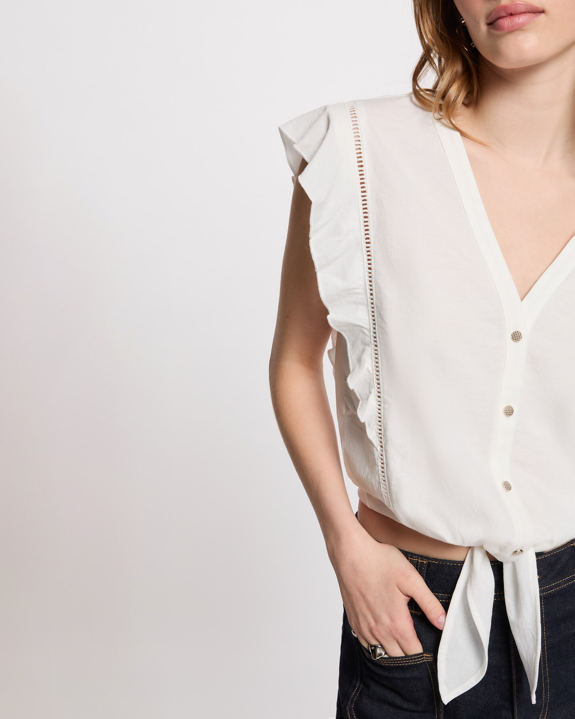 Imagen 3 de Camisa de mujer anudada escote pico - Morgan - Blanco Blanco