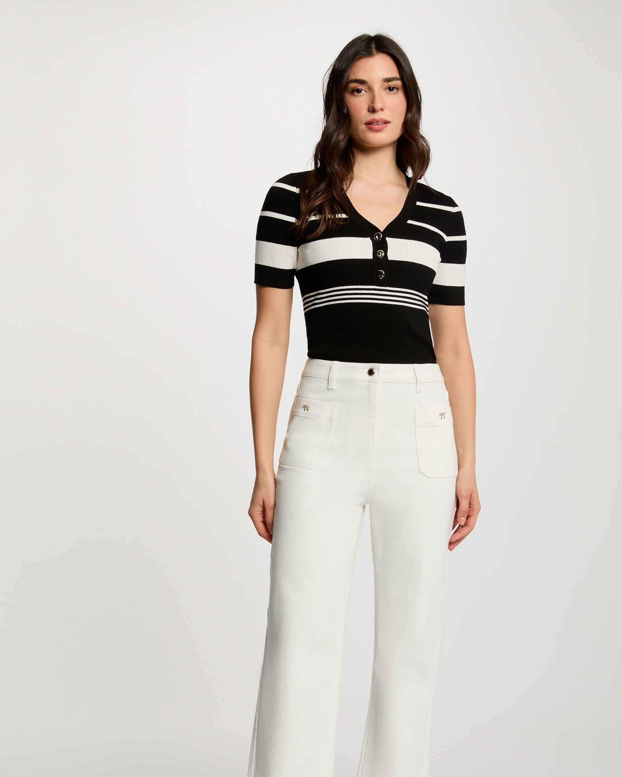 Jersey de mujer fino con escote pico - Morgan - Negro Negro-1