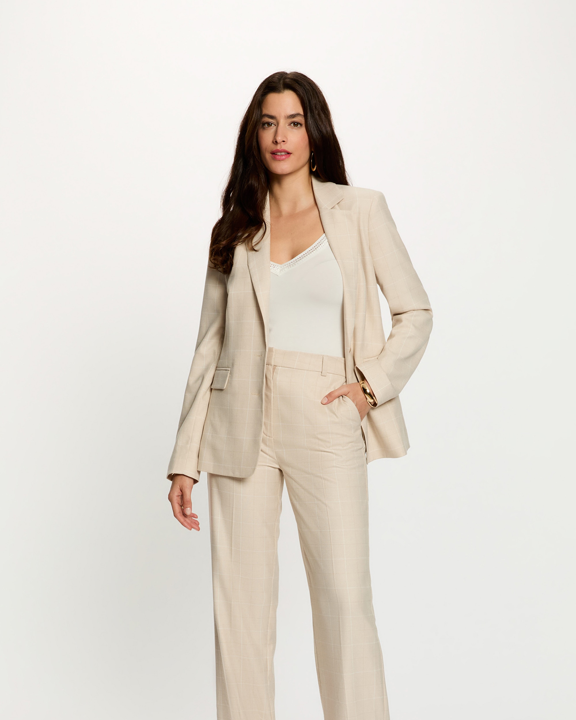 Blazer de mujer con cuello sastre y estampado de cuadros - Morgan - Beige Beige-1