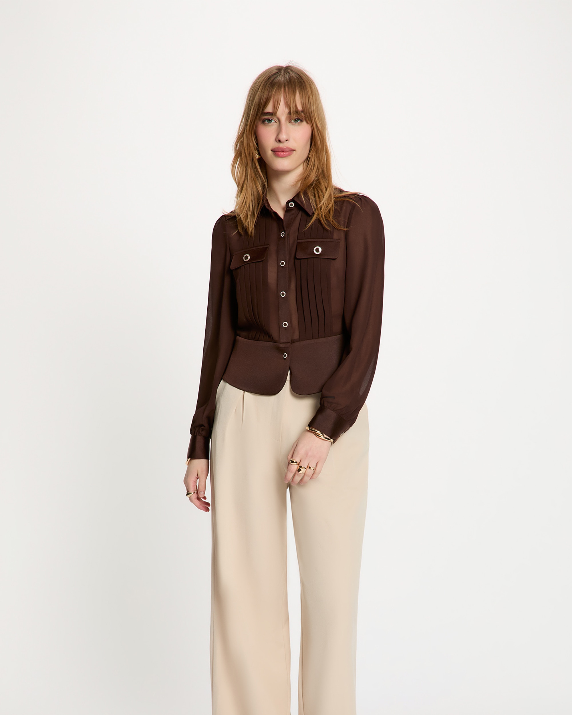 Camisa de mujer manga larga con pliegues - Morgan - Marrón oscuro Marrón oscuro-1