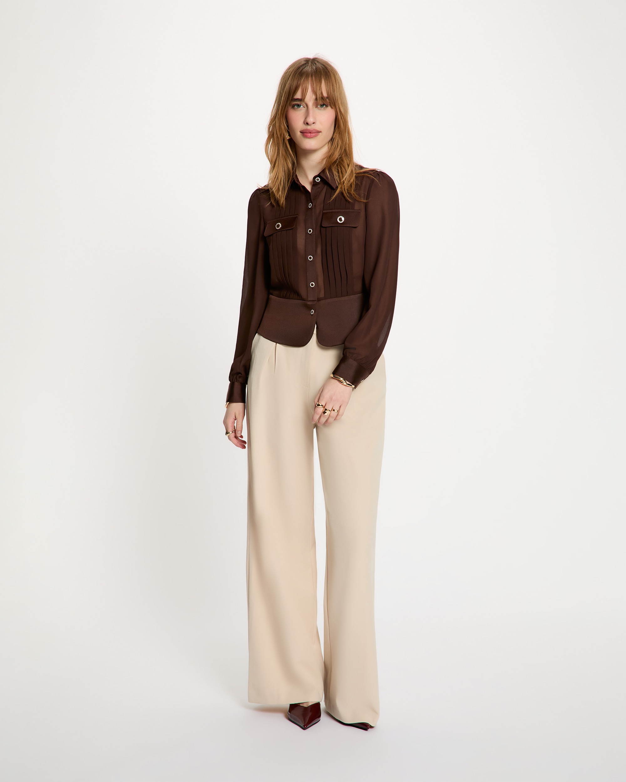 Camisa de mujer manga larga con pliegues - Morgan - Marrón oscuro Marrón oscuro-3