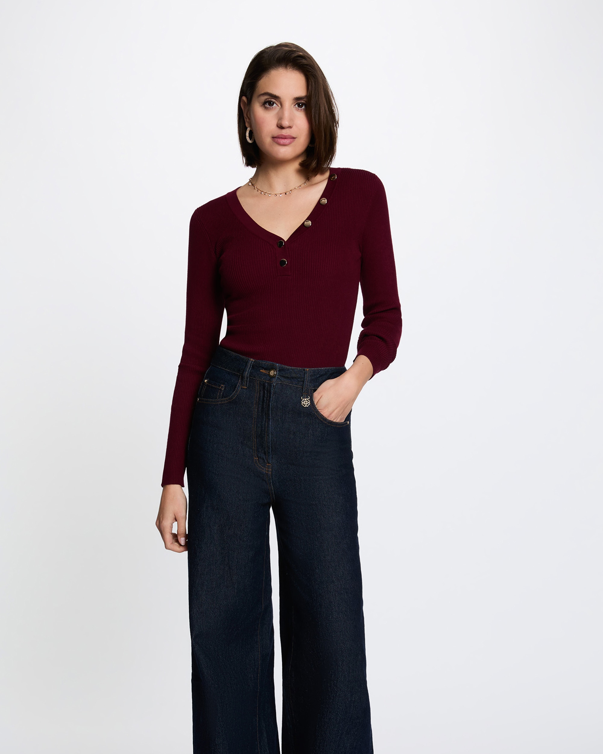 Jersey de mujer con escote pico - Morgan - Burdeos Burdeos-1