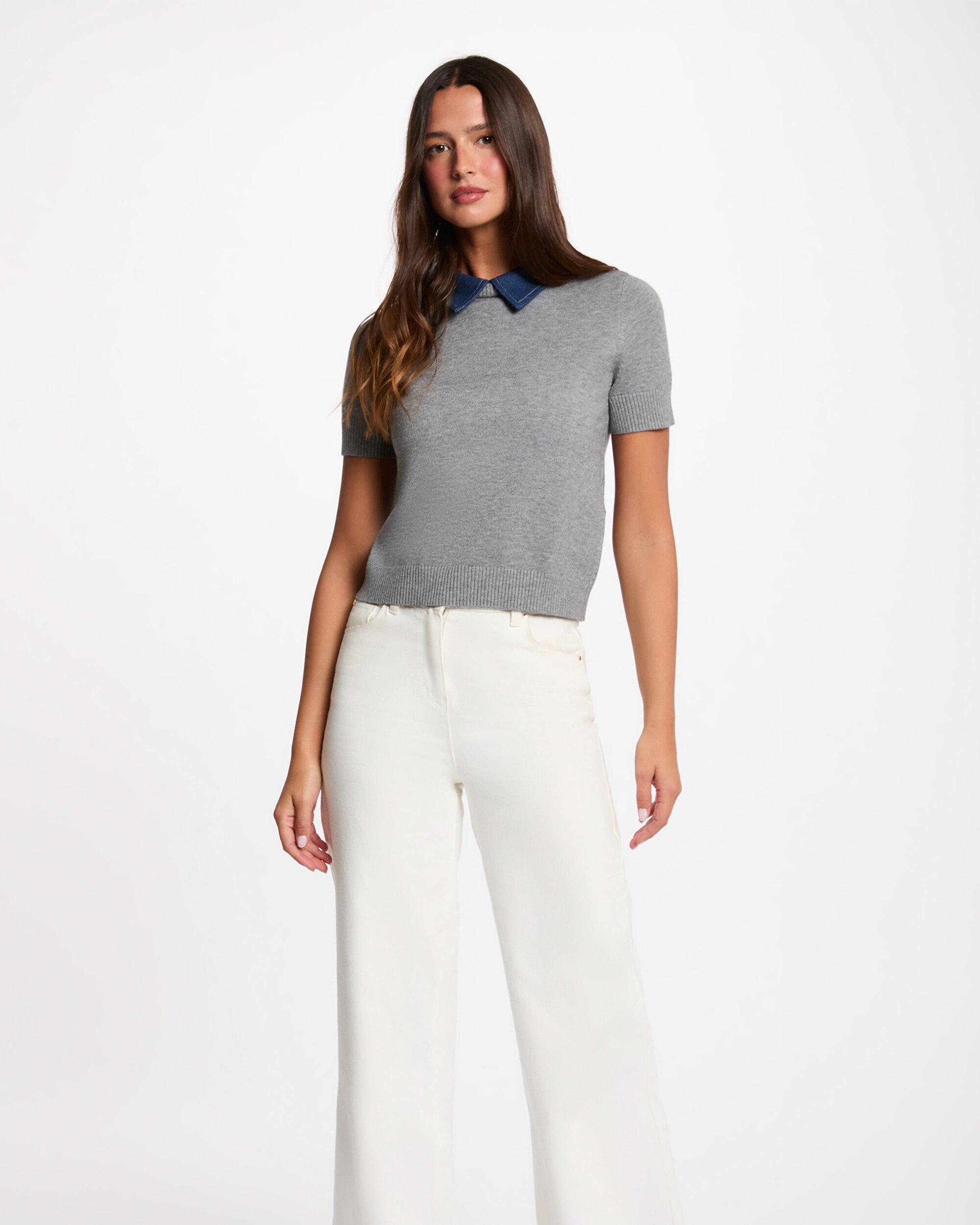 Jersey de mujer corto con cuello de camisa - Morgan - Azul / Gris Azul / Gris-1