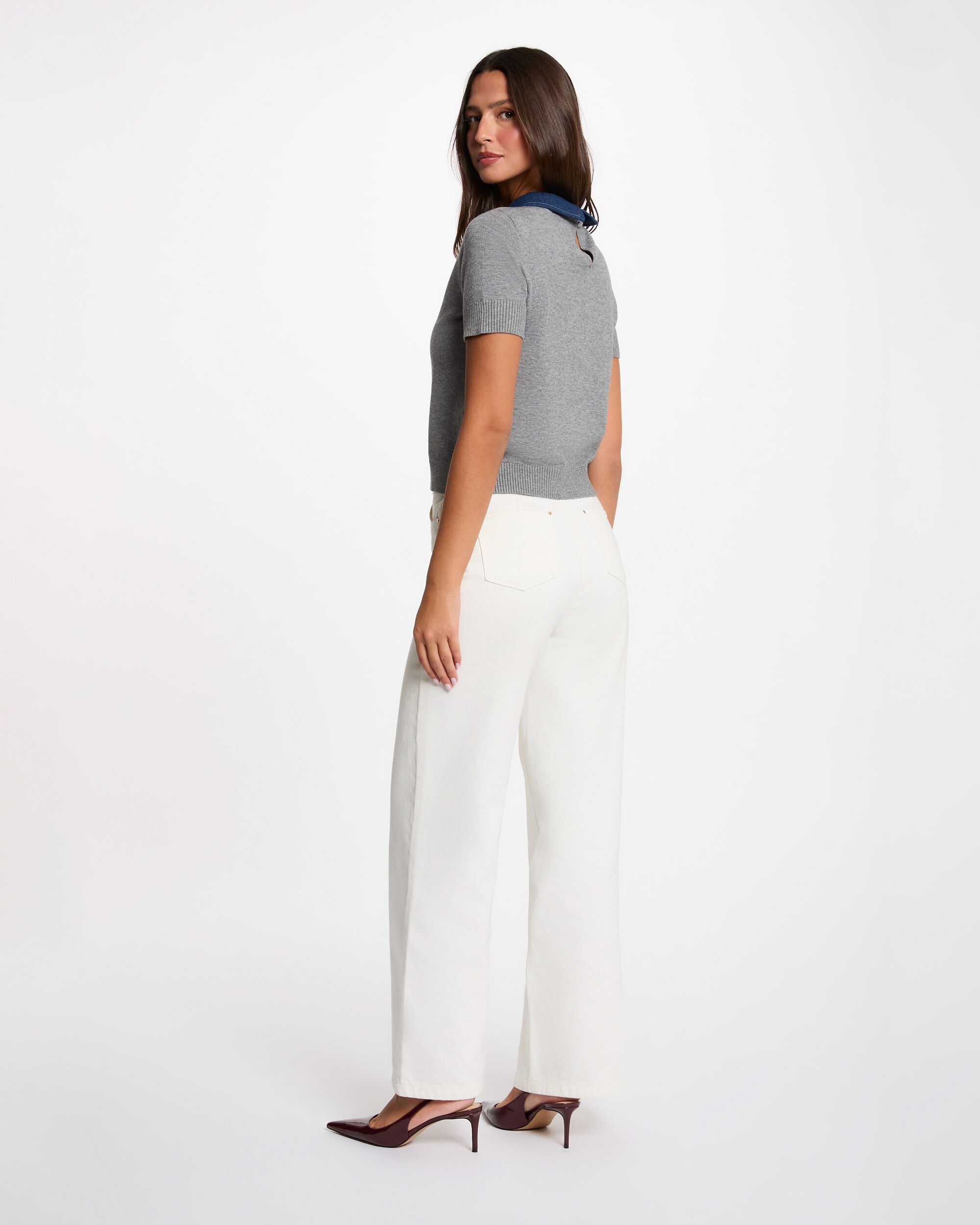 Jersey de mujer corto con cuello de camisa - Morgan - Azul / Gris Azul / Gris-2