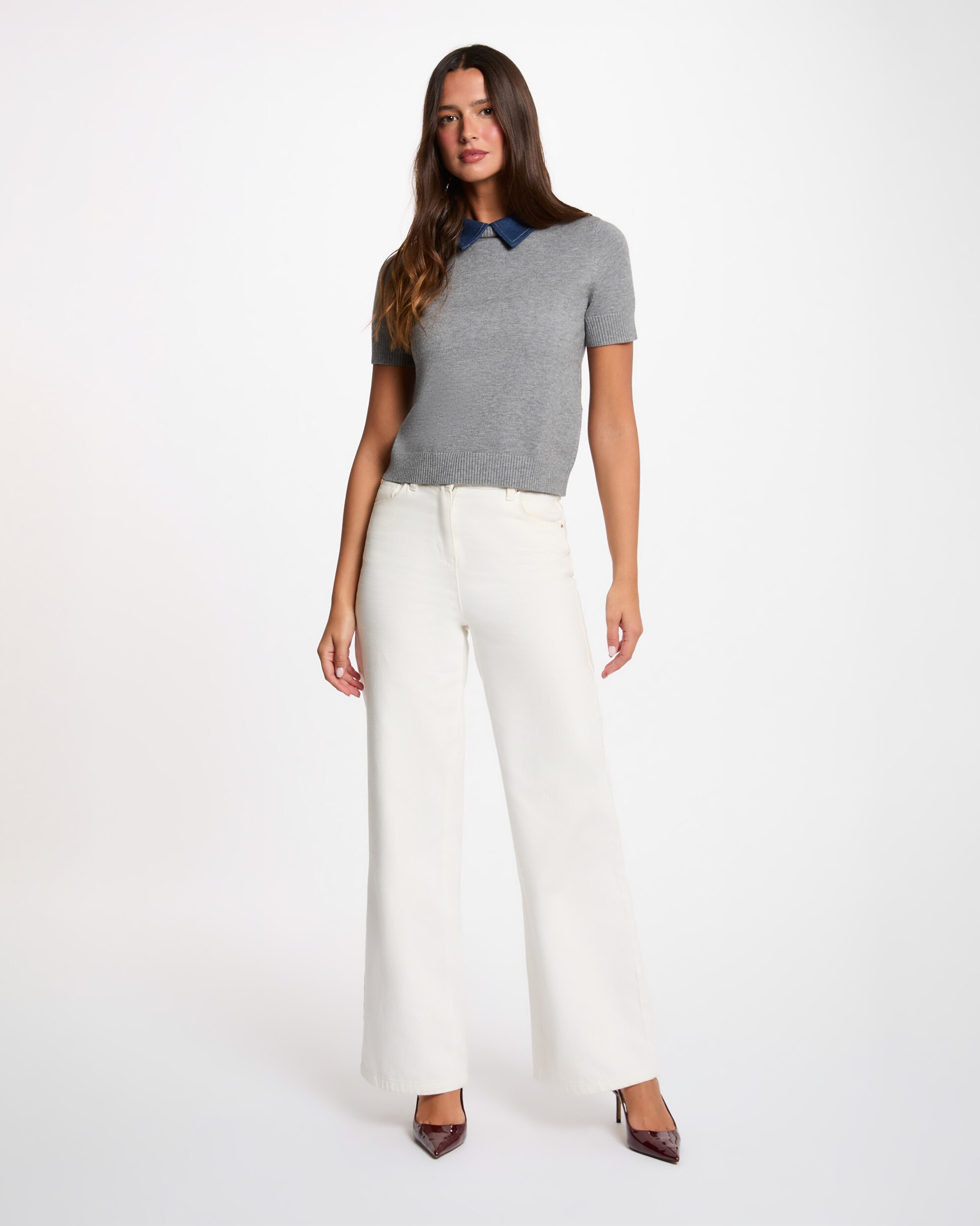 Jersey de mujer corto con cuello de camisa - Morgan - Azul / Gris Azul / Gris-3
