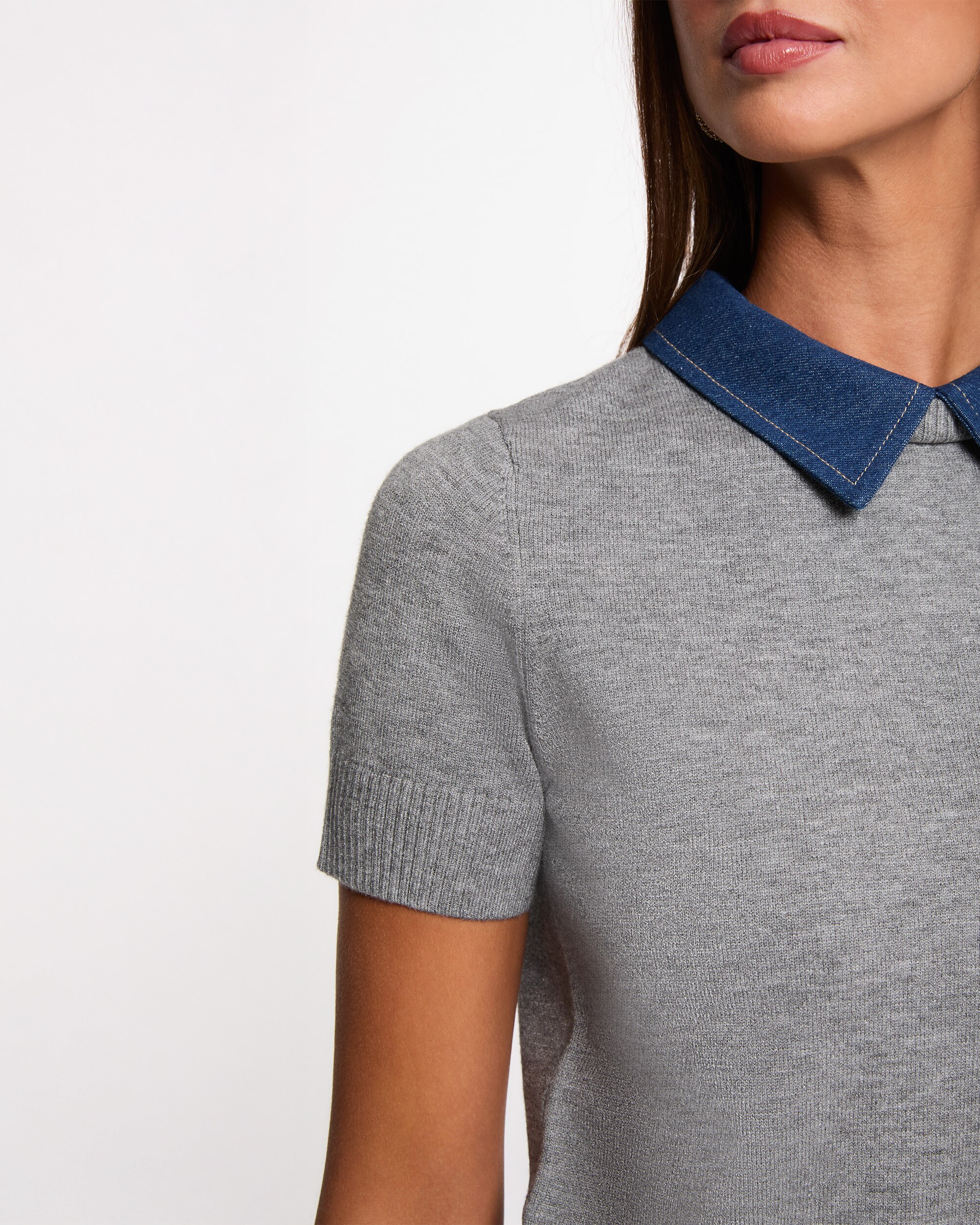 Jersey de mujer corto con cuello de camisa - Morgan - Azul / Gris Azul / Gris-4