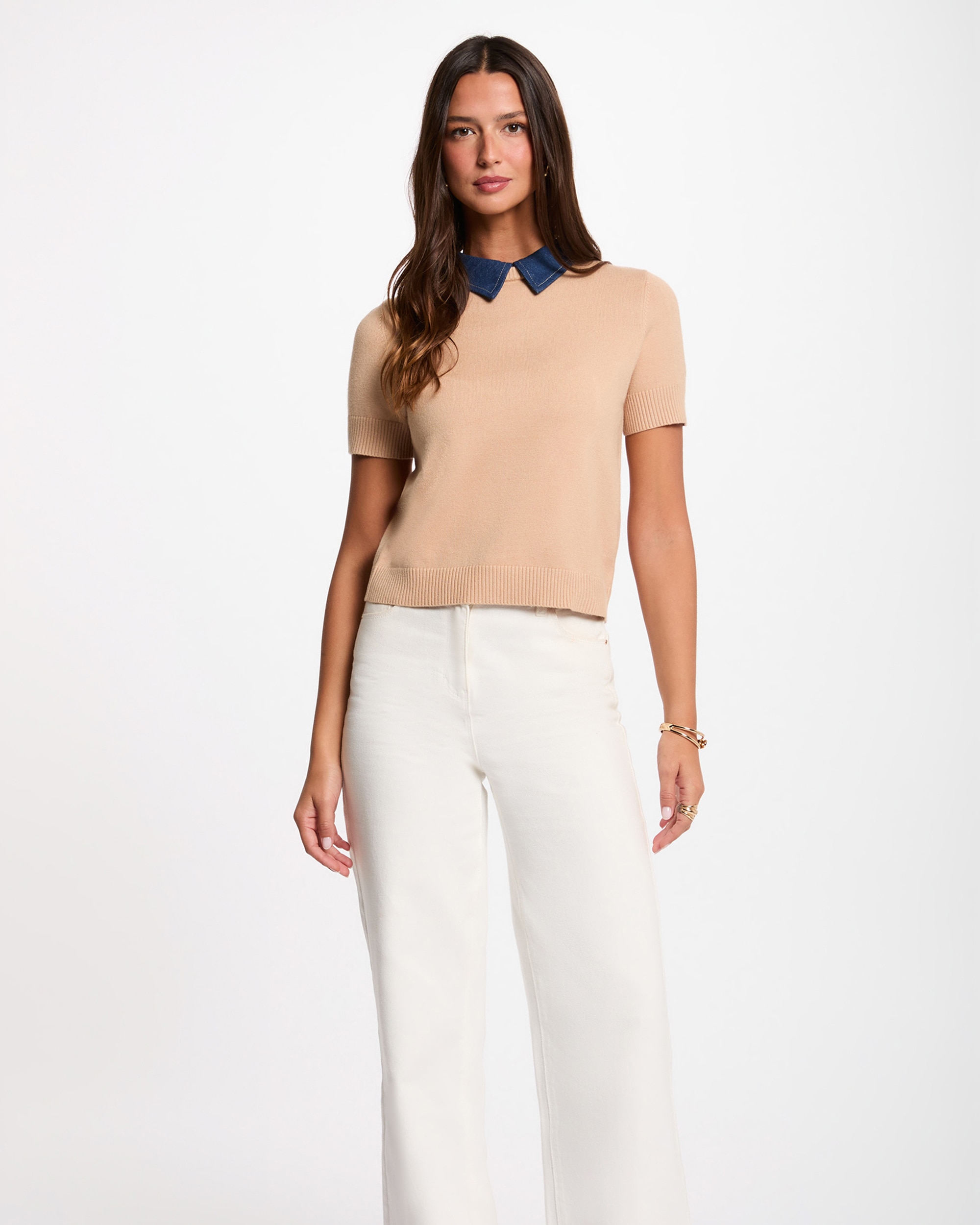 Jersey de mujer corto con cuello de camisa - Morgan - Camel Camel-1