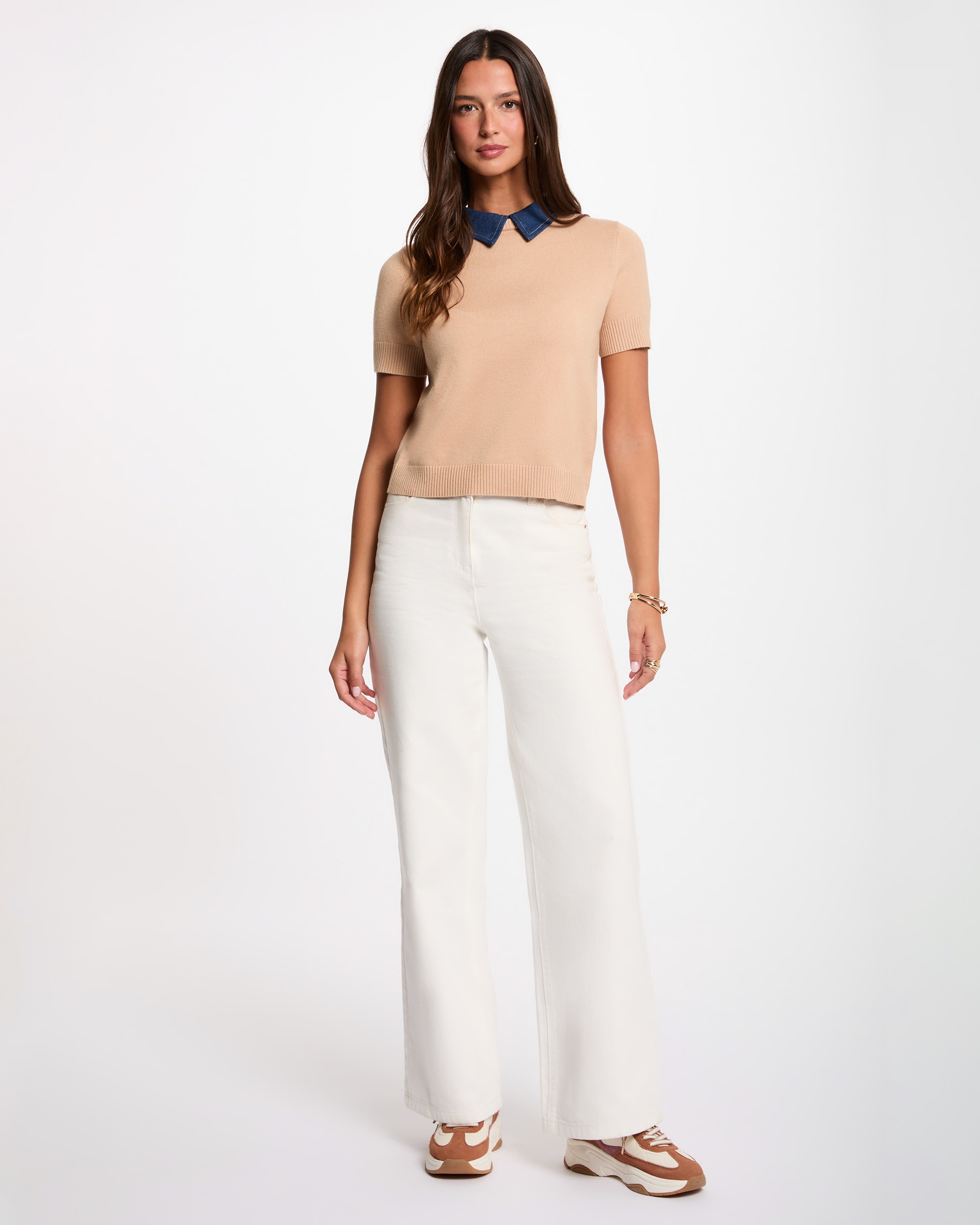 Jersey de mujer corto con cuello de camisa - Morgan - Camel Camel-3