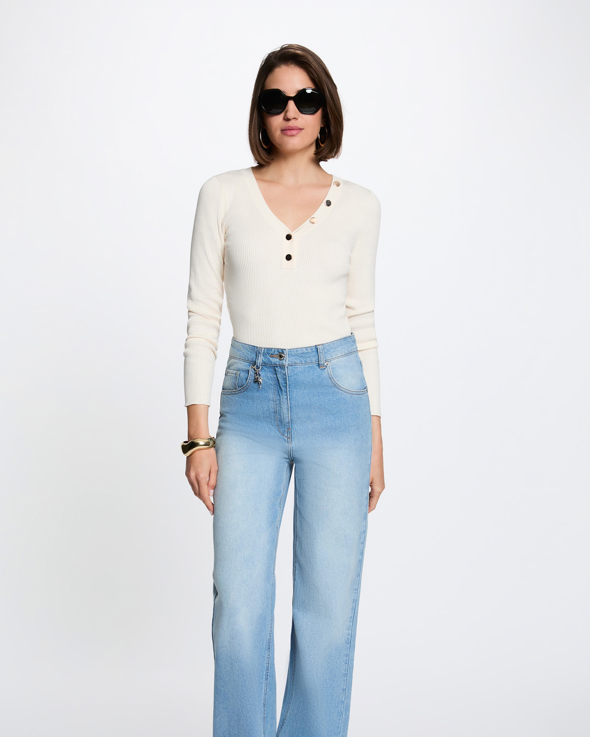 Jersey de mujer con escote pico - Morgan - Marfil Marfil-1