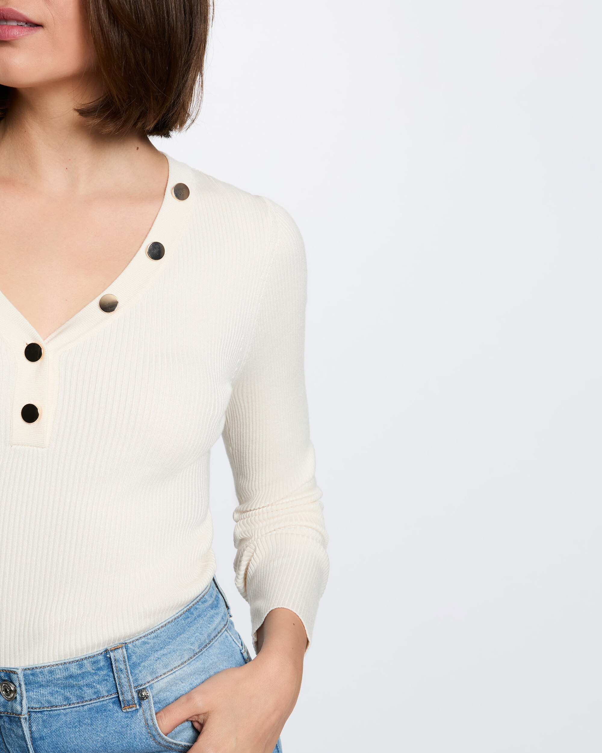 Jersey de mujer con escote pico - Morgan - Marfil Marfil-4