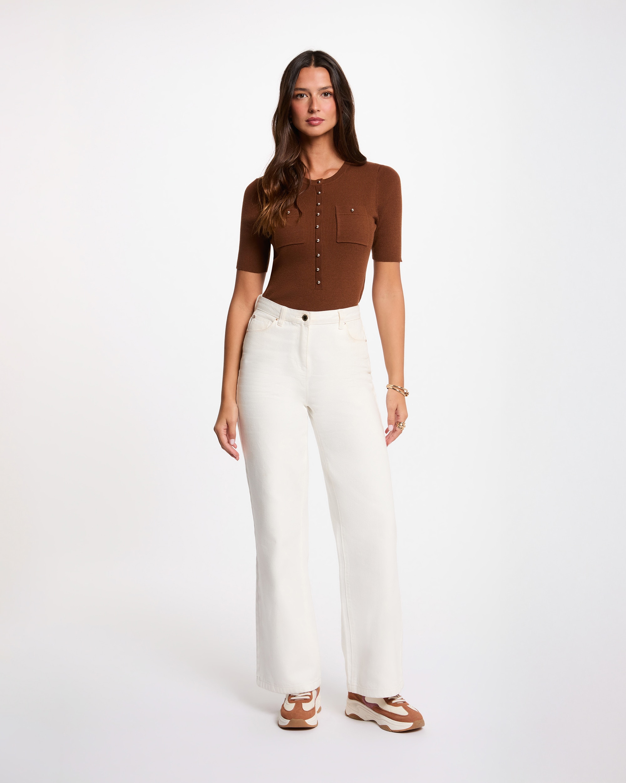 Camiseta de mujer en punto fino con manga corta - Morgan - Marrón Marrón-3