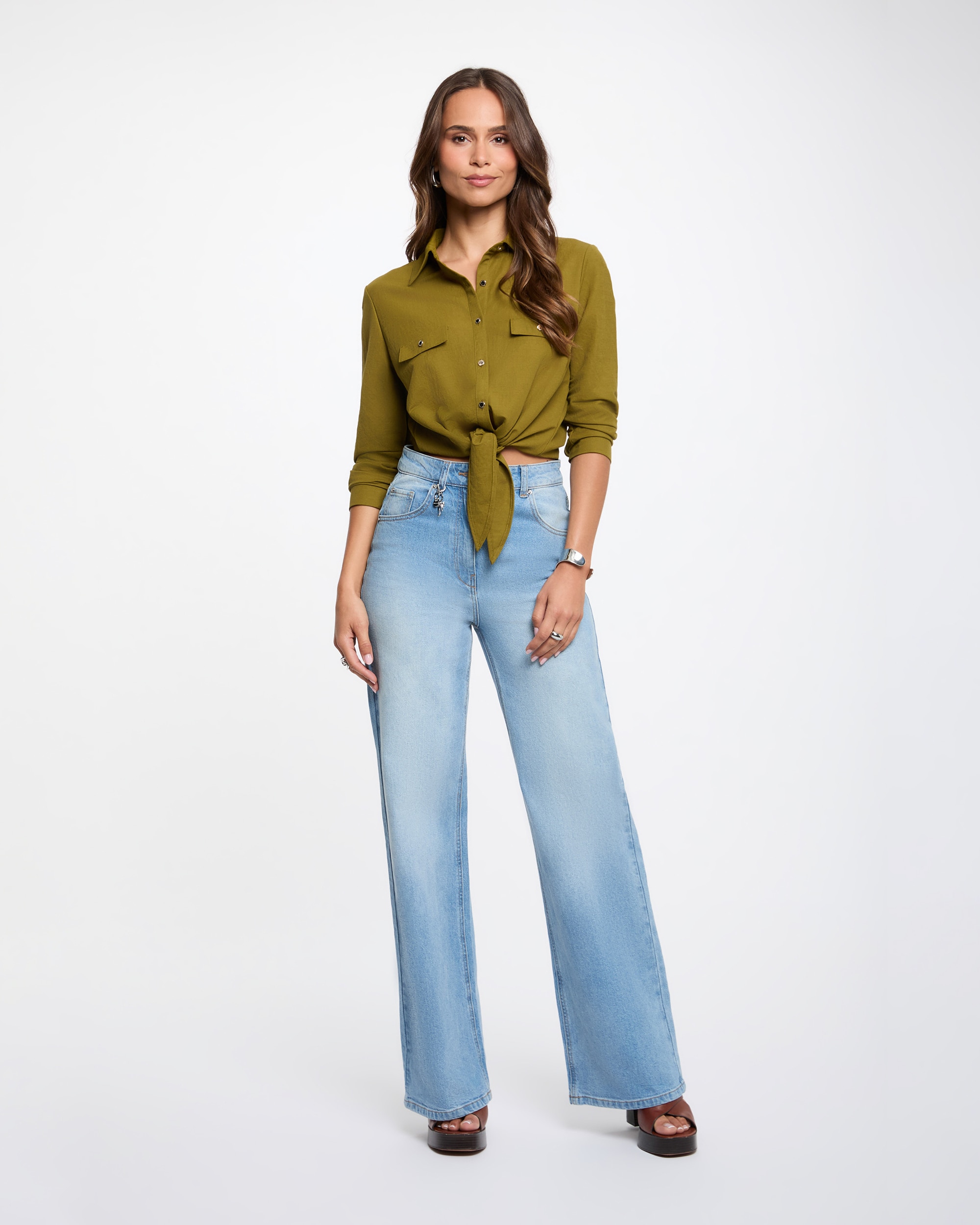Camisa de mujer anudada con bolsillos - Morgan - Kaki Kaki-3